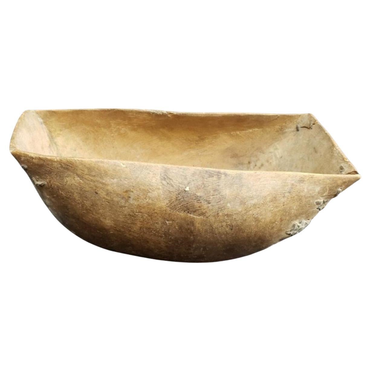 Antique 19th C. Primitive Hand-Carved Wooden Dough Bowl with Stitch Repairs