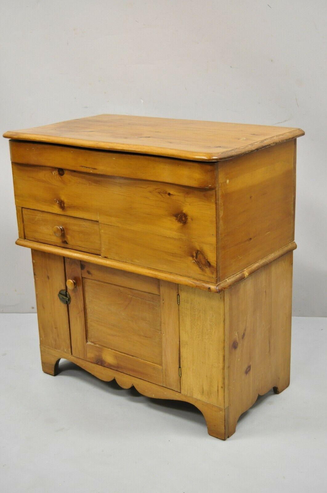 Antique 19th C. Primitive Pine Wood Lift Top Dry Sink Washstand Commode Cabinet For Sale 1