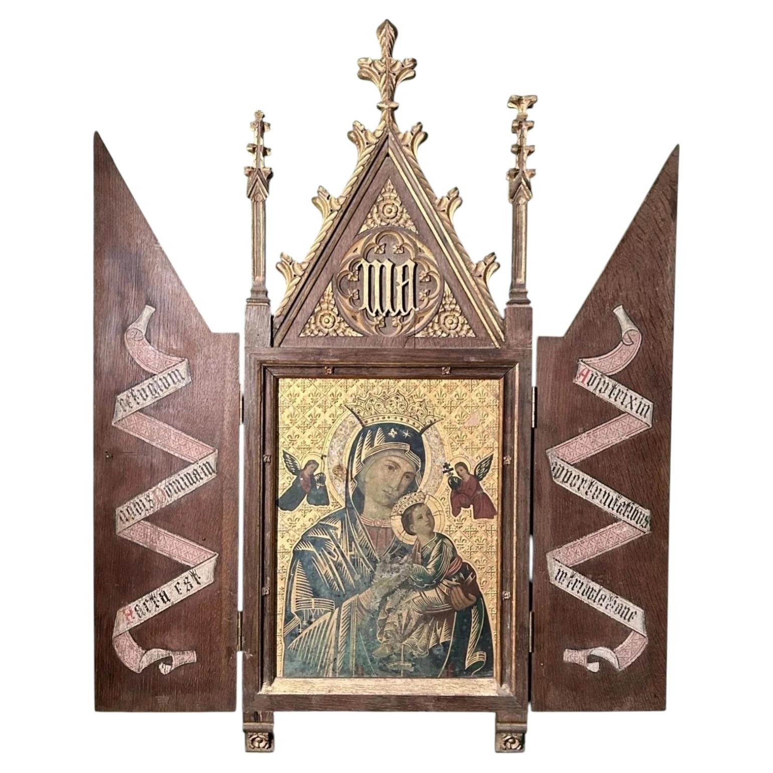 Antique 19th C Religious Triptych Icon with Gothic Revival Tabernacle Frame