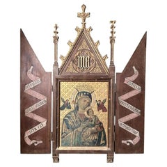 Antique 19th C Religious Triptych Icon with Gothic Revival Tabernacle Frame
