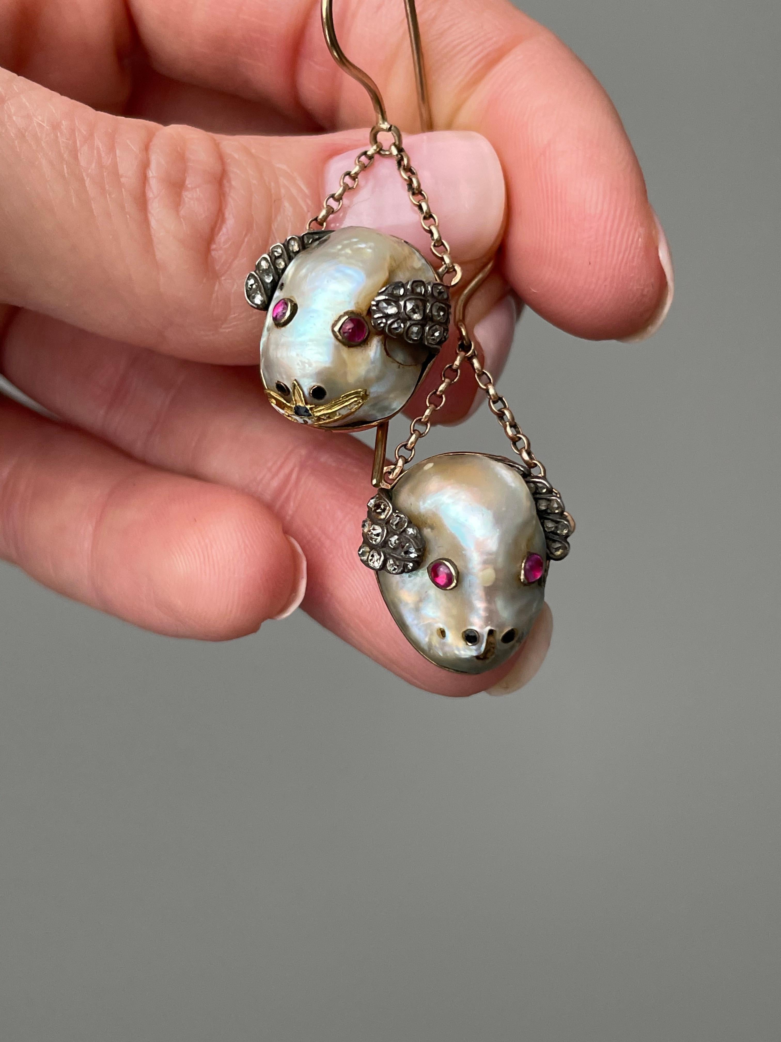 Antique 19th C Renaissance Revival Natural Baroque Pearl Mouse Earrings In Good Condition For Sale In Hummelstown, PA