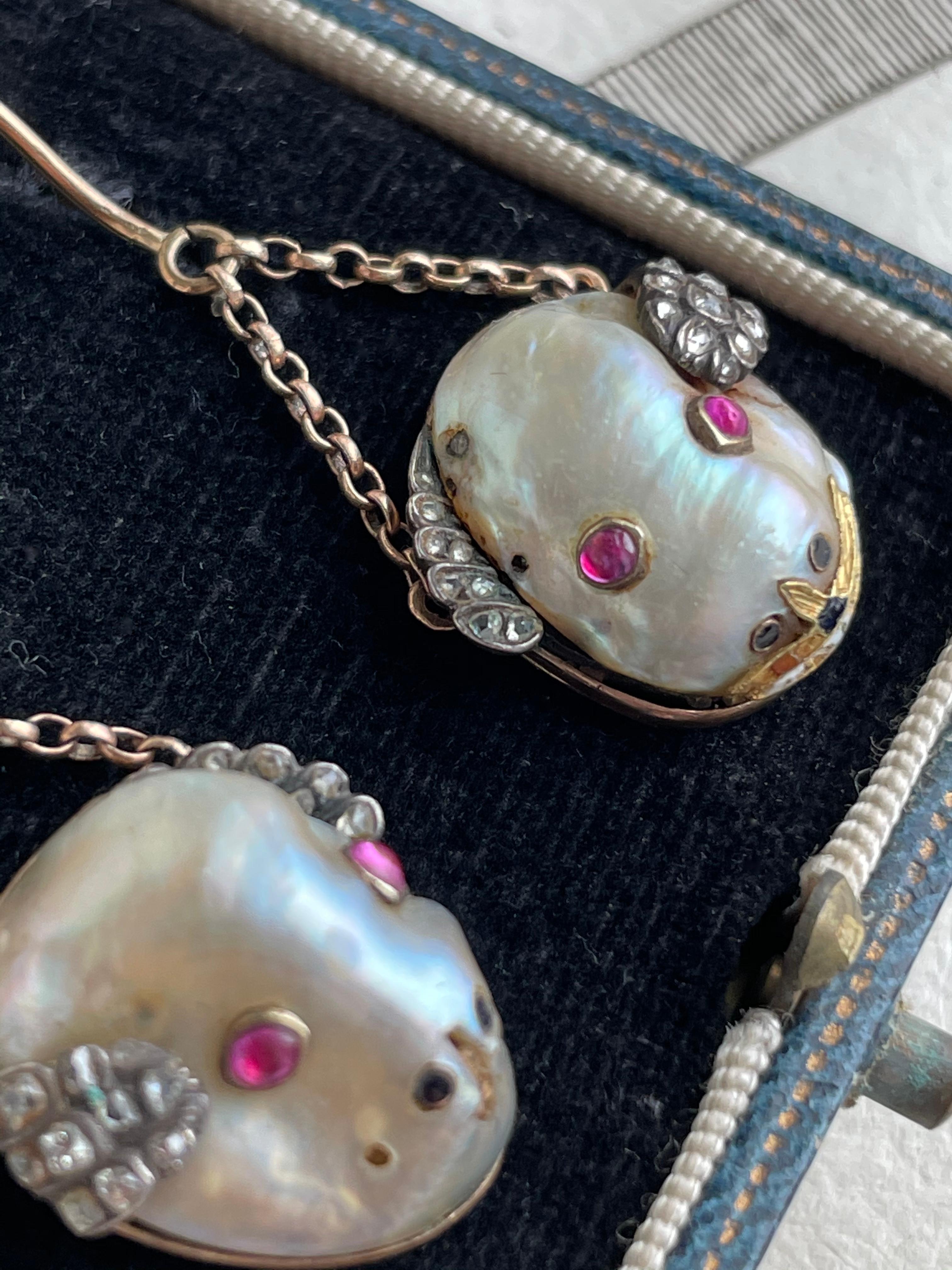 Antique 19th C Renaissance Revival Natural Baroque Pearl Mouse Earrings For Sale 2
