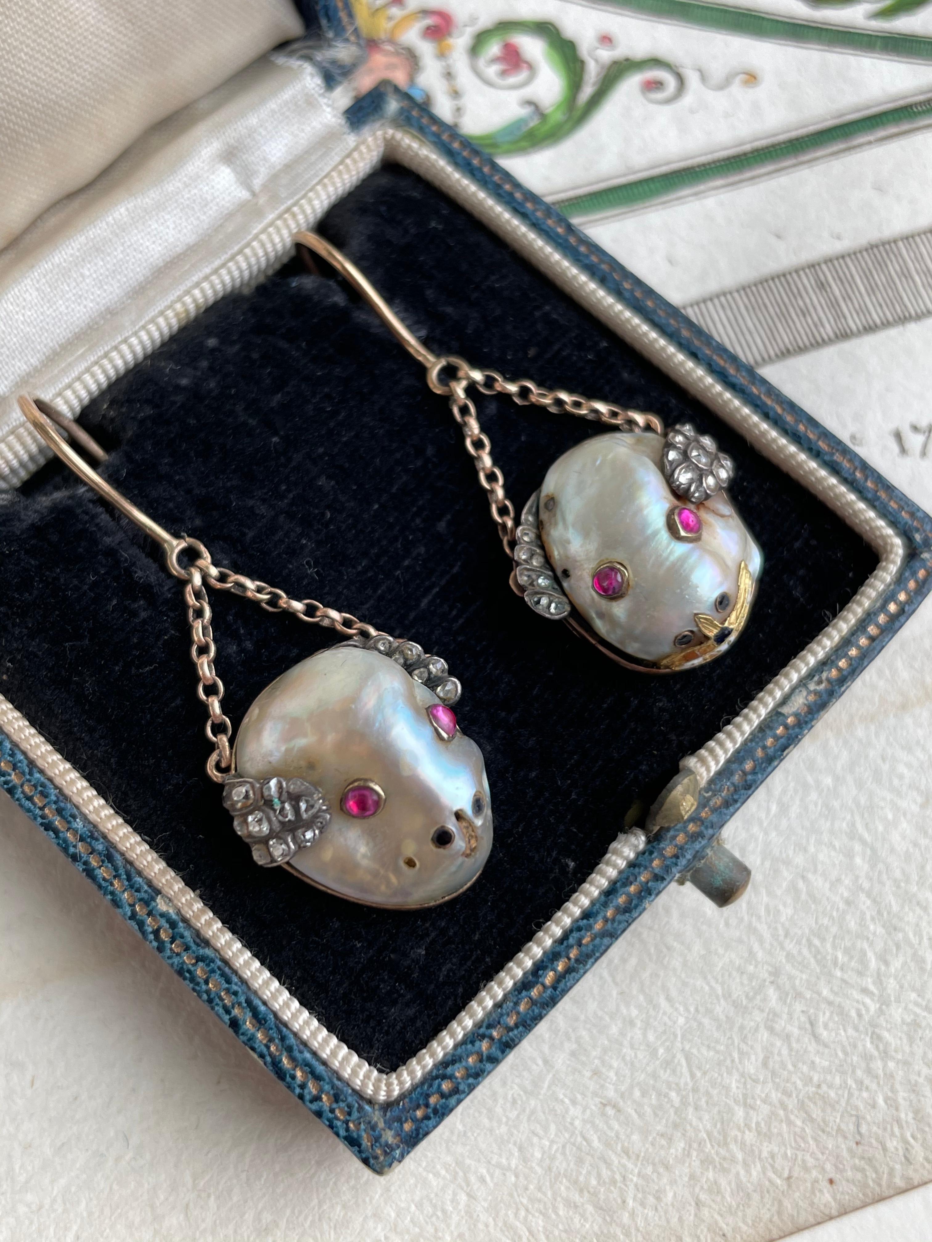 Antique 19th C Renaissance Revival Natural Baroque Pearl Mouse Earrings For Sale 3