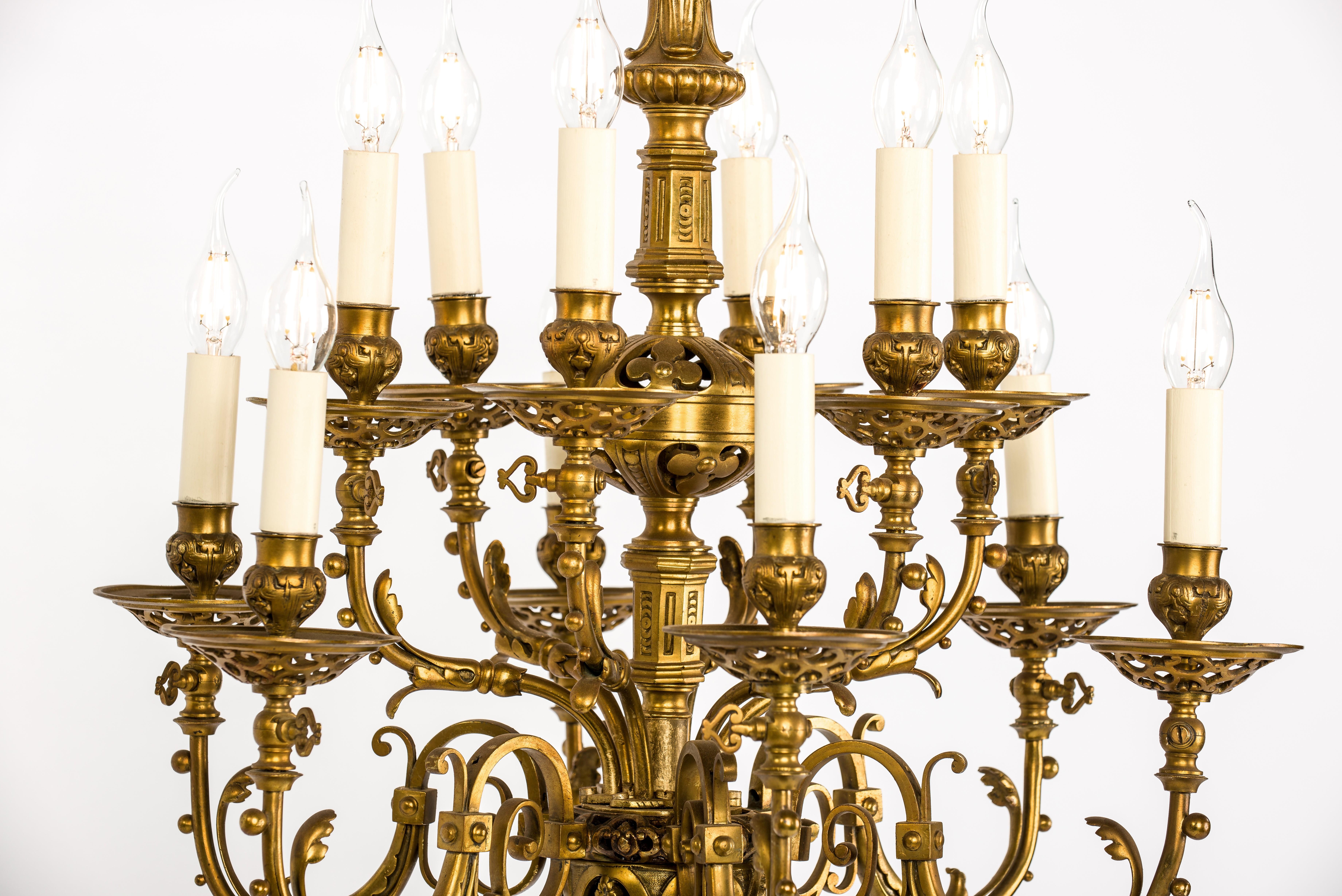French Antique 19th C Renaissance Style Brass Electric Two Tier 12 Light Chandelier