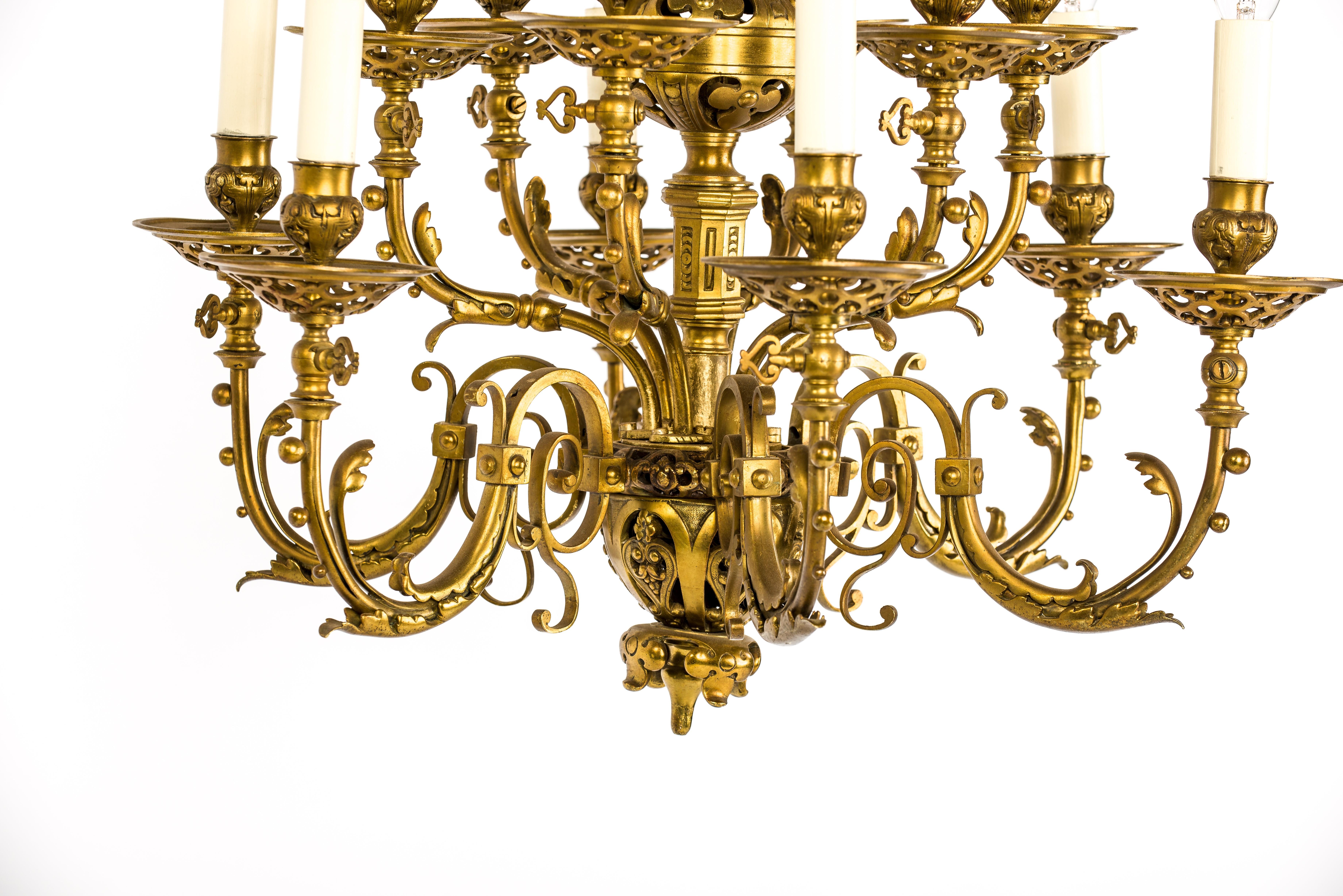 Polished Antique 19th C Renaissance Style Brass Electric Two Tier 12 Light Chandelier