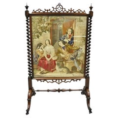 Antique 19th C Rosewood & Figural Needlepoint Victorian Spiral Carved Firescreen