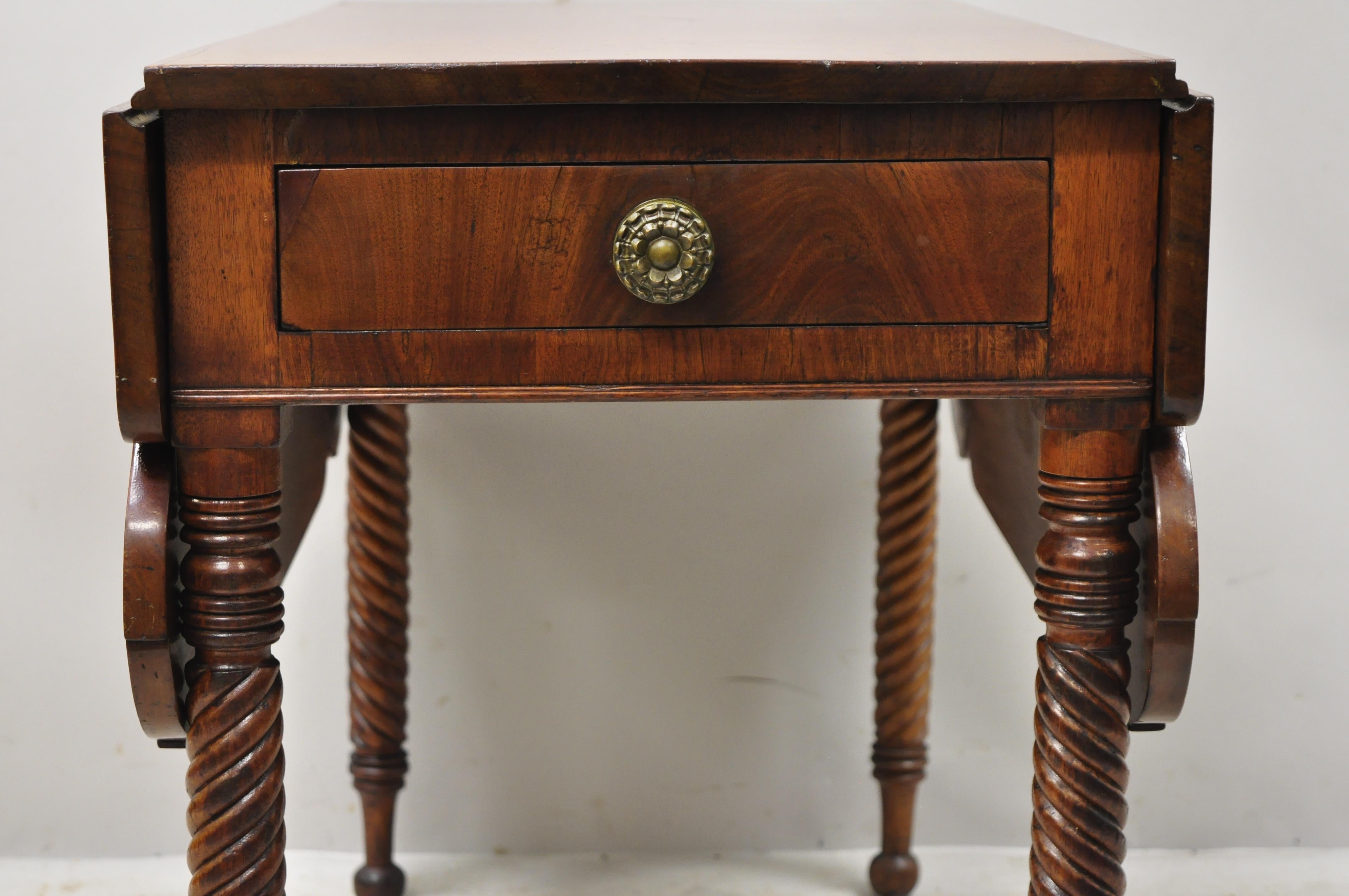 North American 19th Century Scallop Carved Drop Leaf Mahogany Breakfast Dining Table 1-Drawer