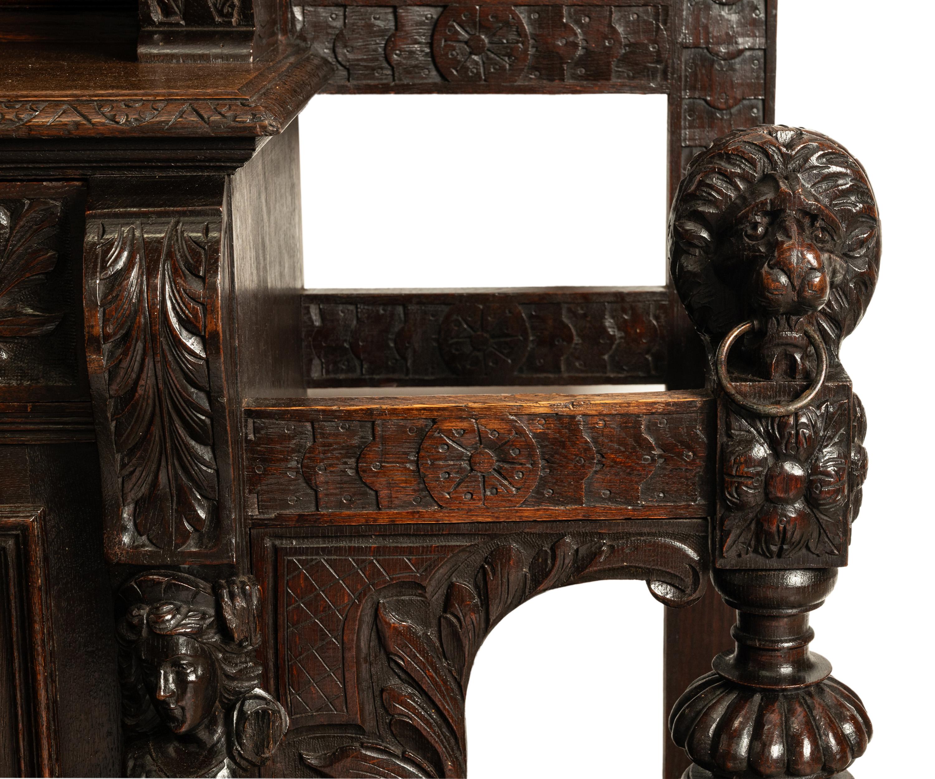 Antique 19th C Scottish Carved Oak Hall Cupboard Mirror Tree Lions Angels 1890 5