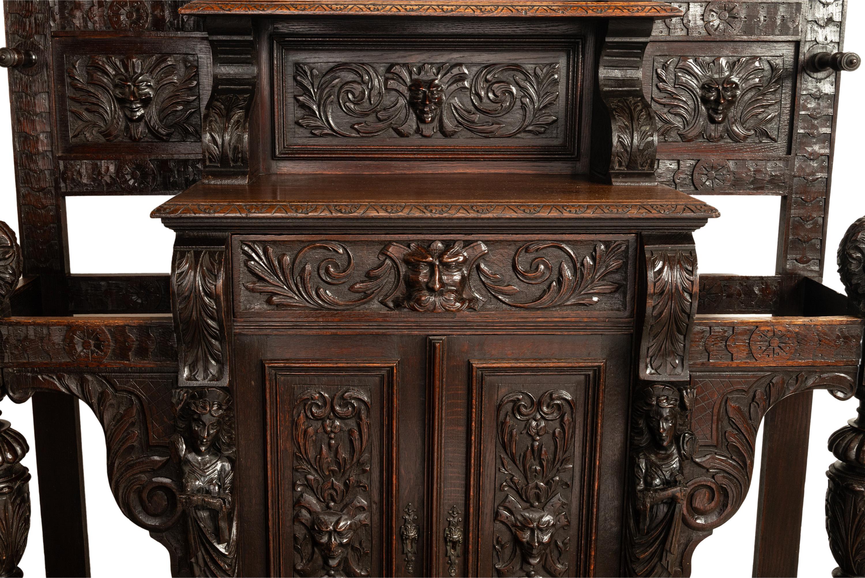 Antique 19th C Scottish Carved Oak Hall Cupboard Mirror Tree Lions Angels 1890 6