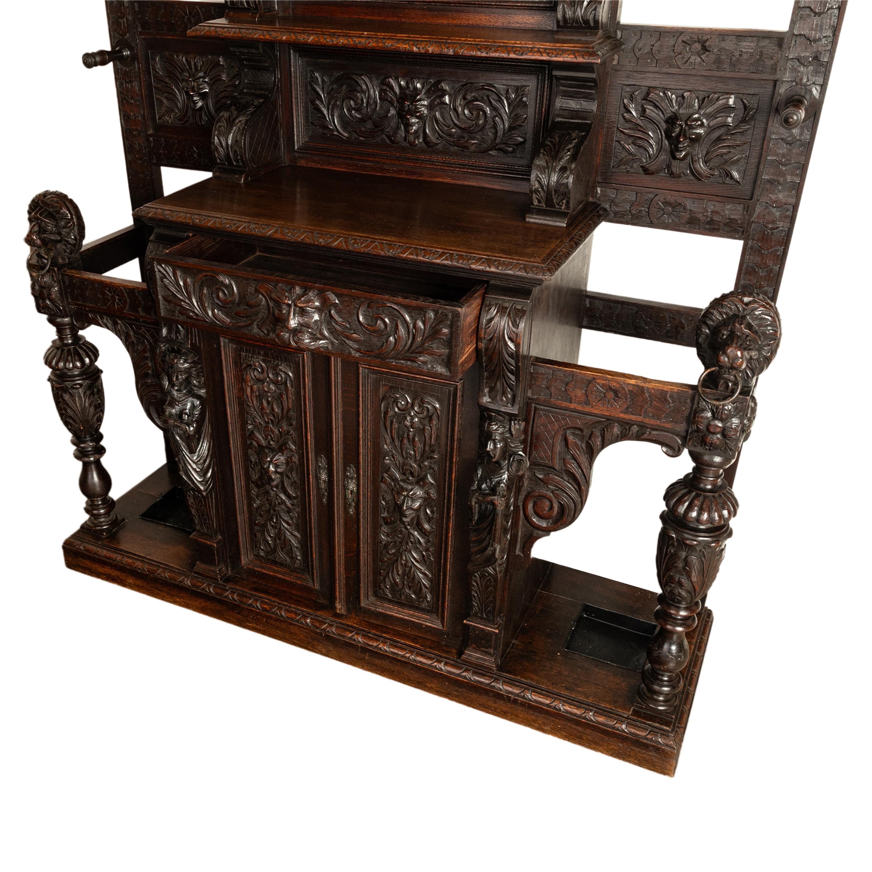 Antique 19th C Scottish Carved Oak Hall Cupboard Mirror Tree Lions Angels 1890 7
