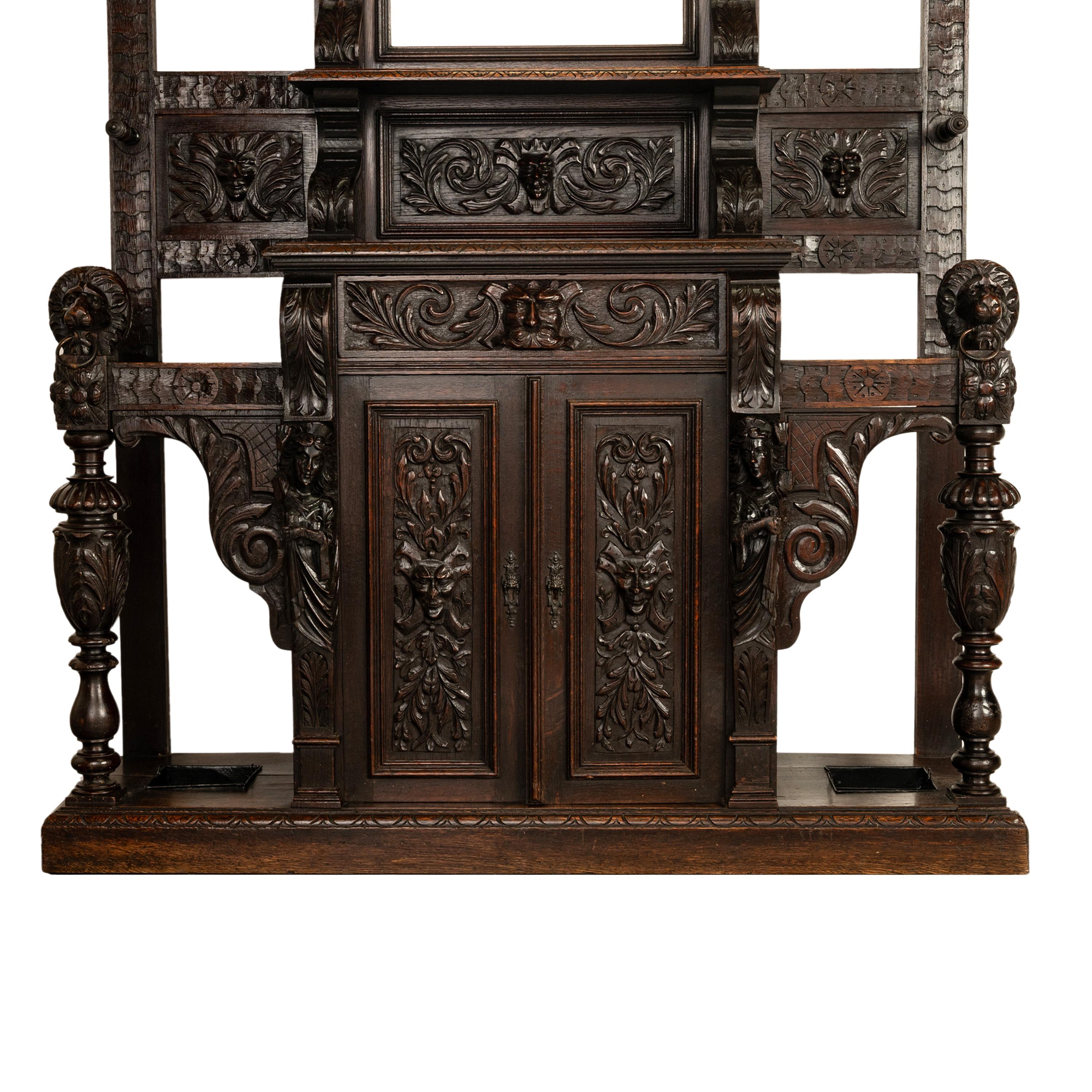 Antique 19th C Scottish Carved Oak Hall Cupboard Mirror Tree Lions Angels 1890 8