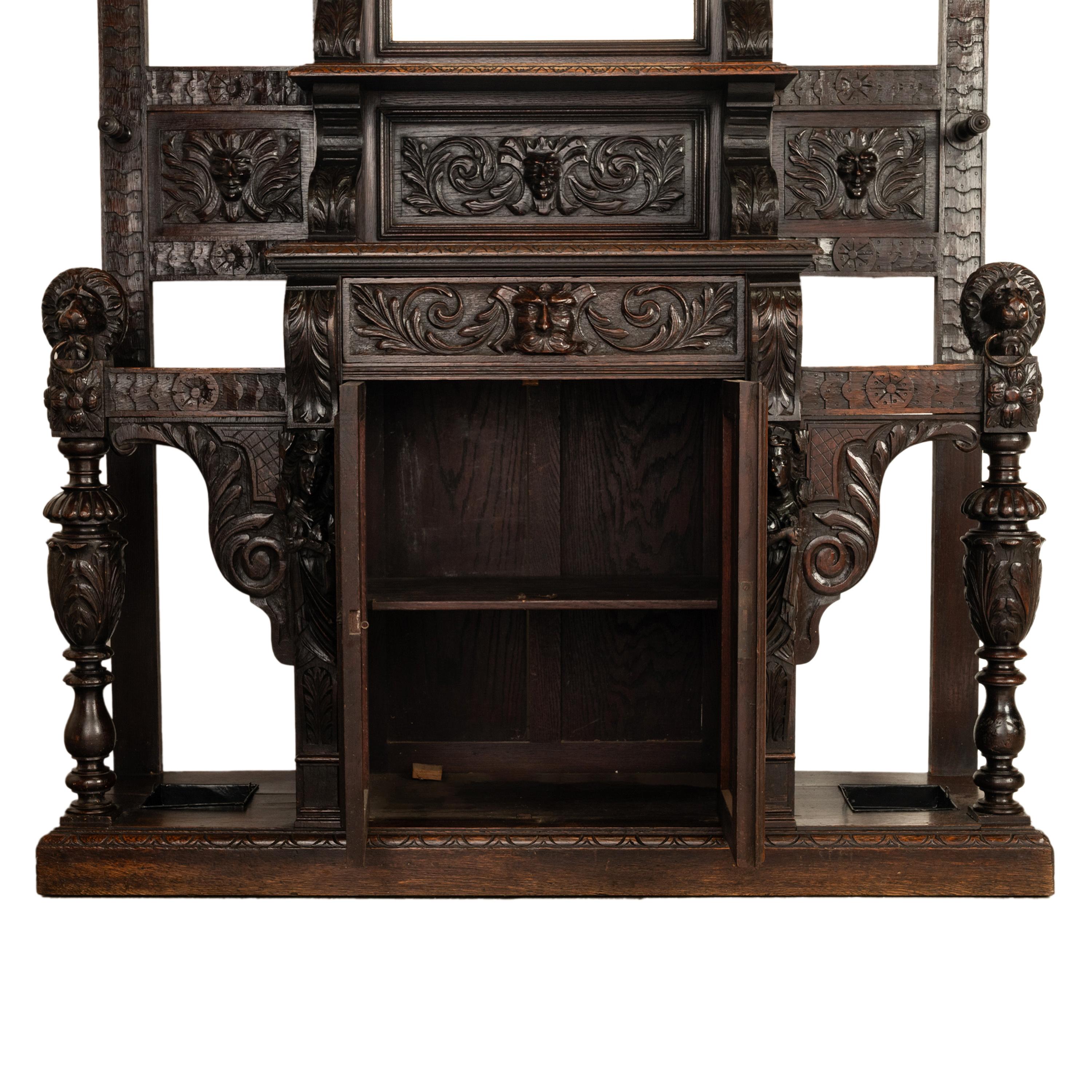 Antique 19th C Scottish Carved Oak Hall Cupboard Mirror Tree Lions Angels 1890 9