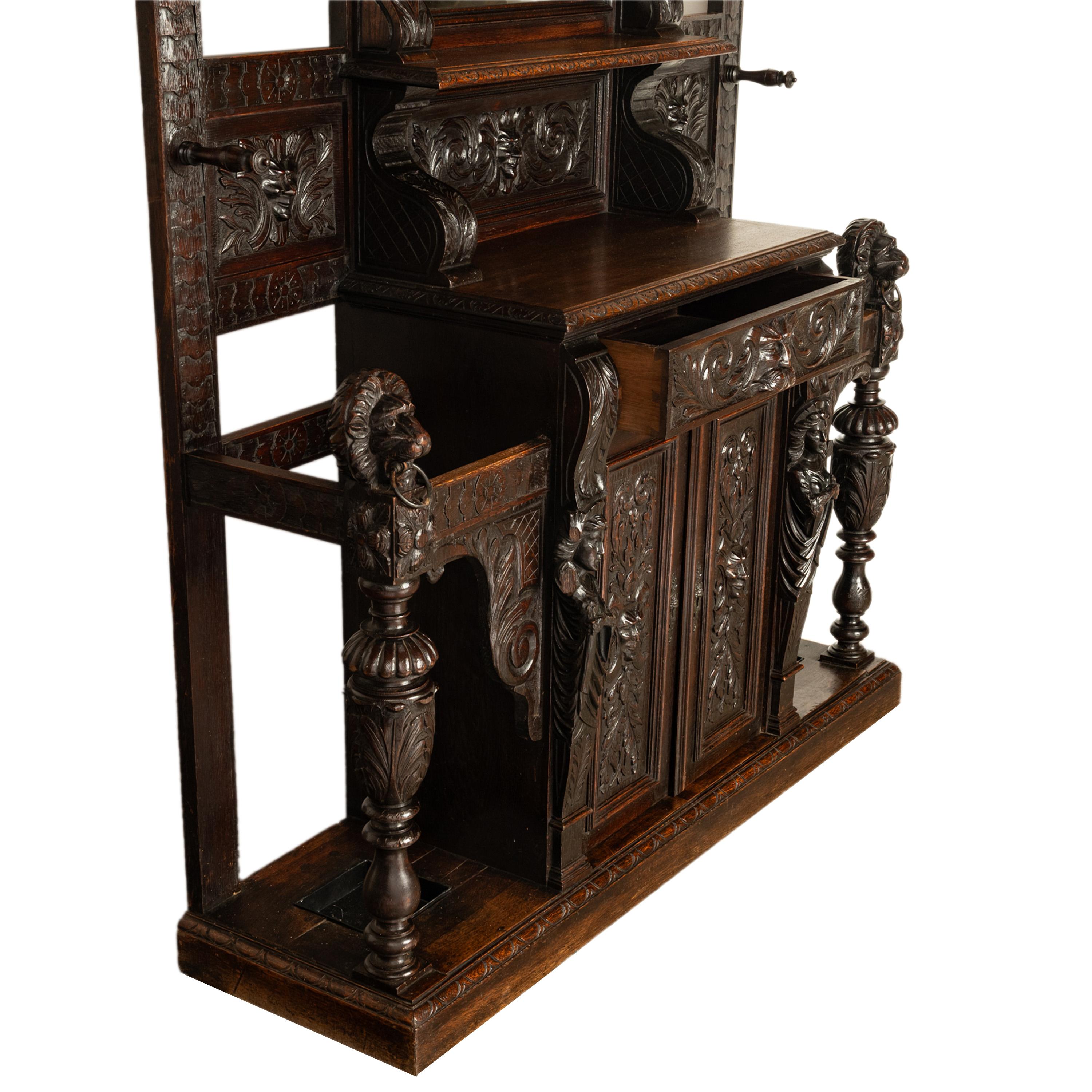 Antique 19th C Scottish Carved Oak Hall Cupboard Mirror Tree Lions Angels 1890 11
