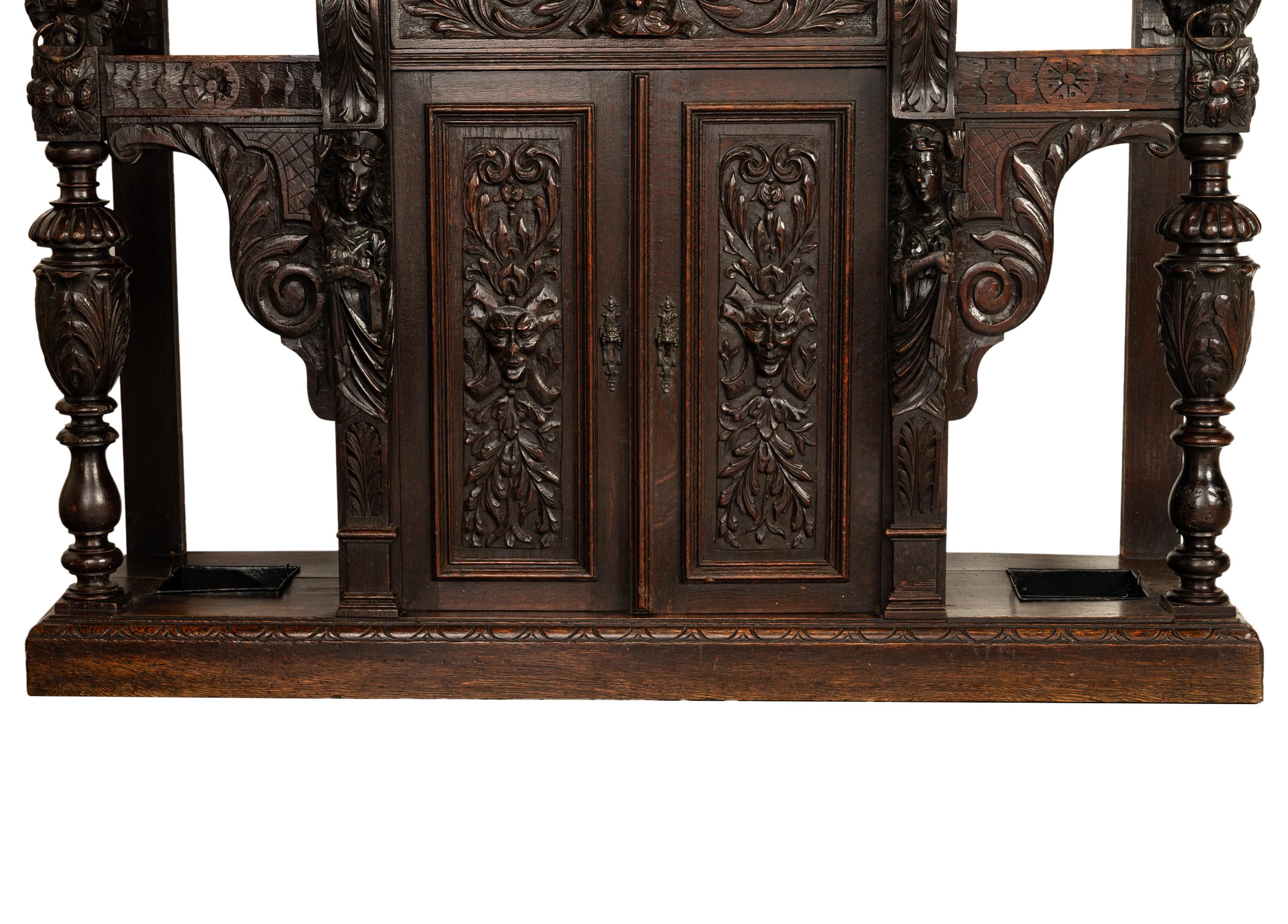 Antique 19th C Scottish Carved Oak Hall Cupboard Mirror Tree Lions Angels 1890 12