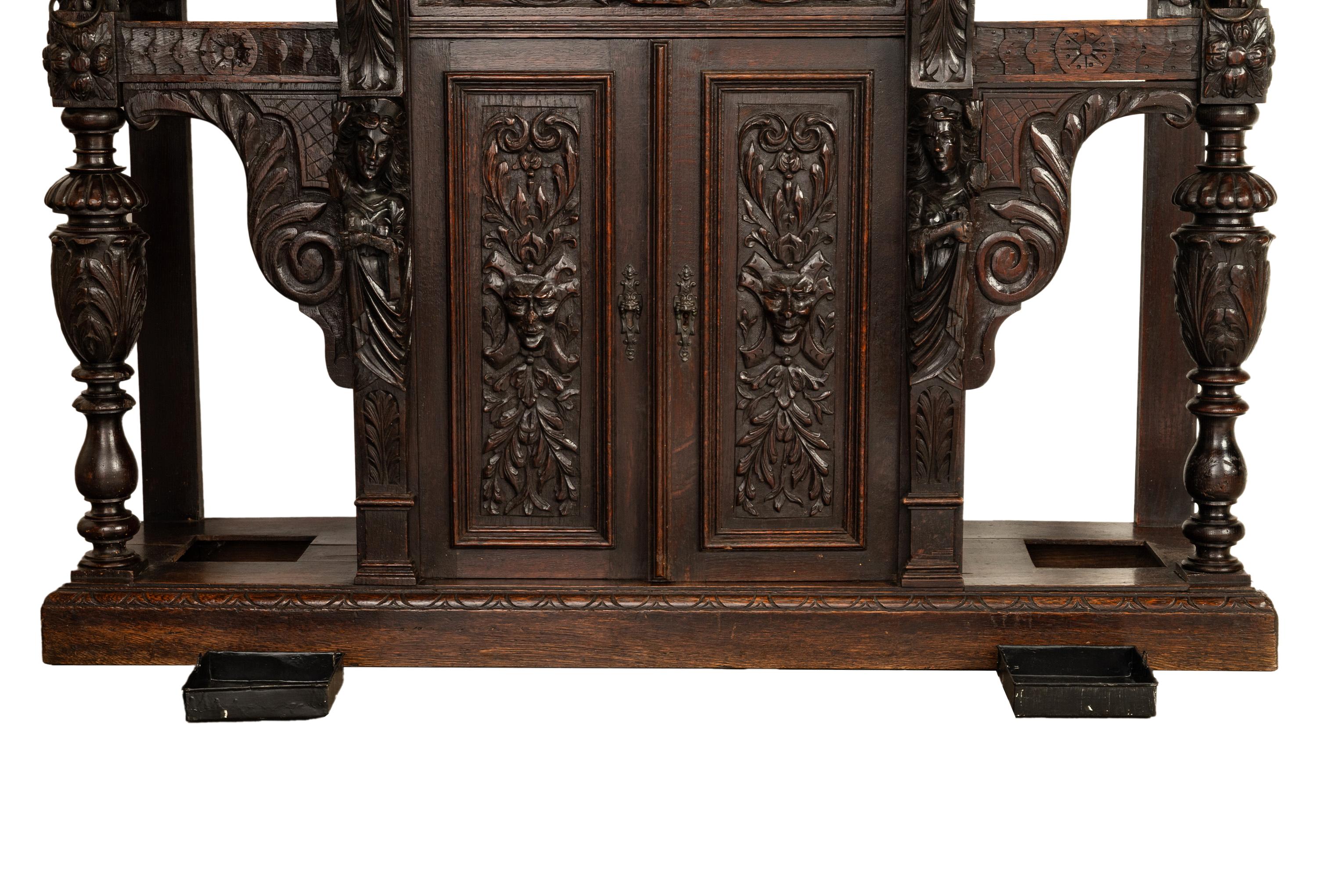 Antique 19th C Scottish Carved Oak Hall Cupboard Mirror Tree Lions Angels 1890 13
