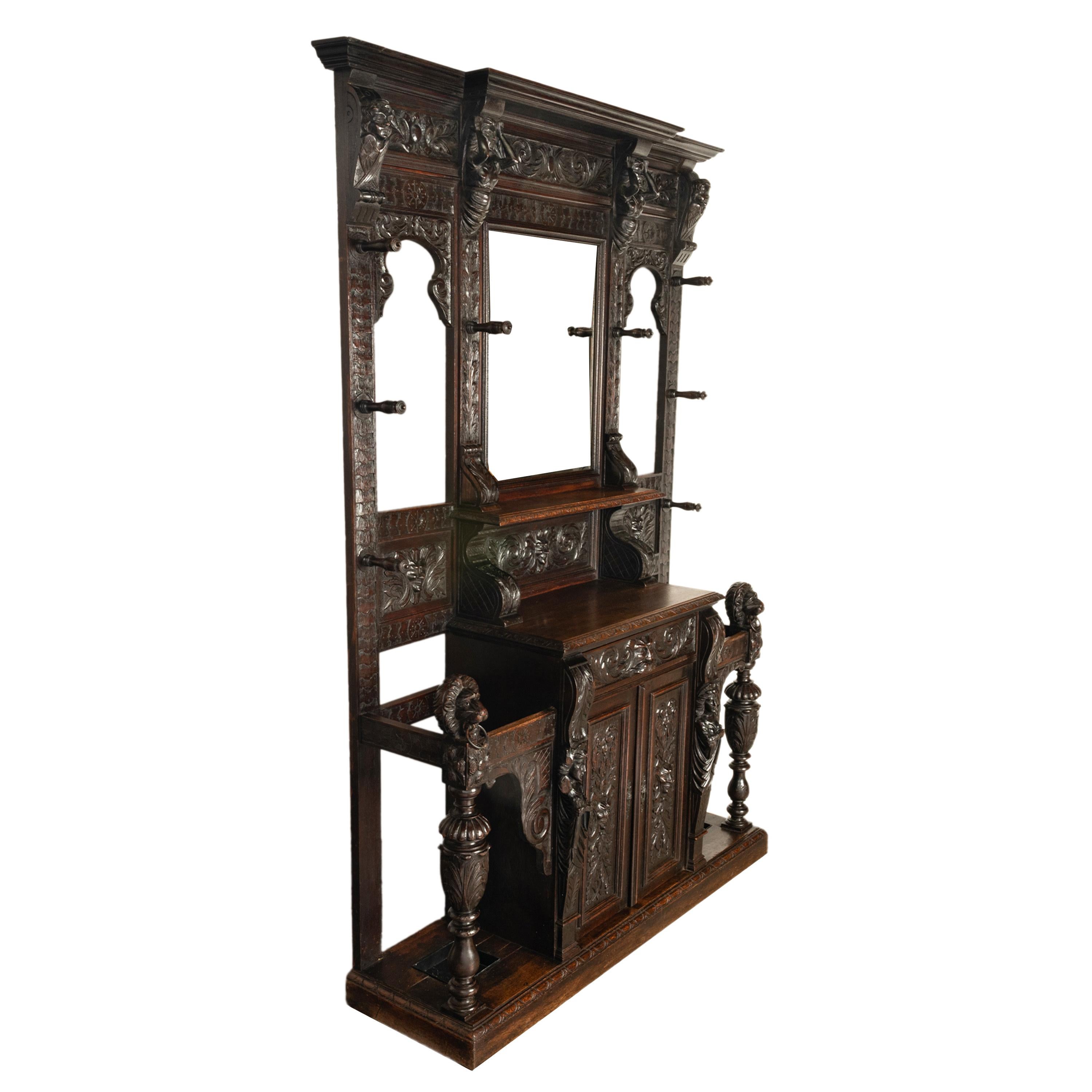 Renaissance Revival Antique 19th C Scottish Carved Oak Hall Cupboard Mirror Tree Lions Angels 1890