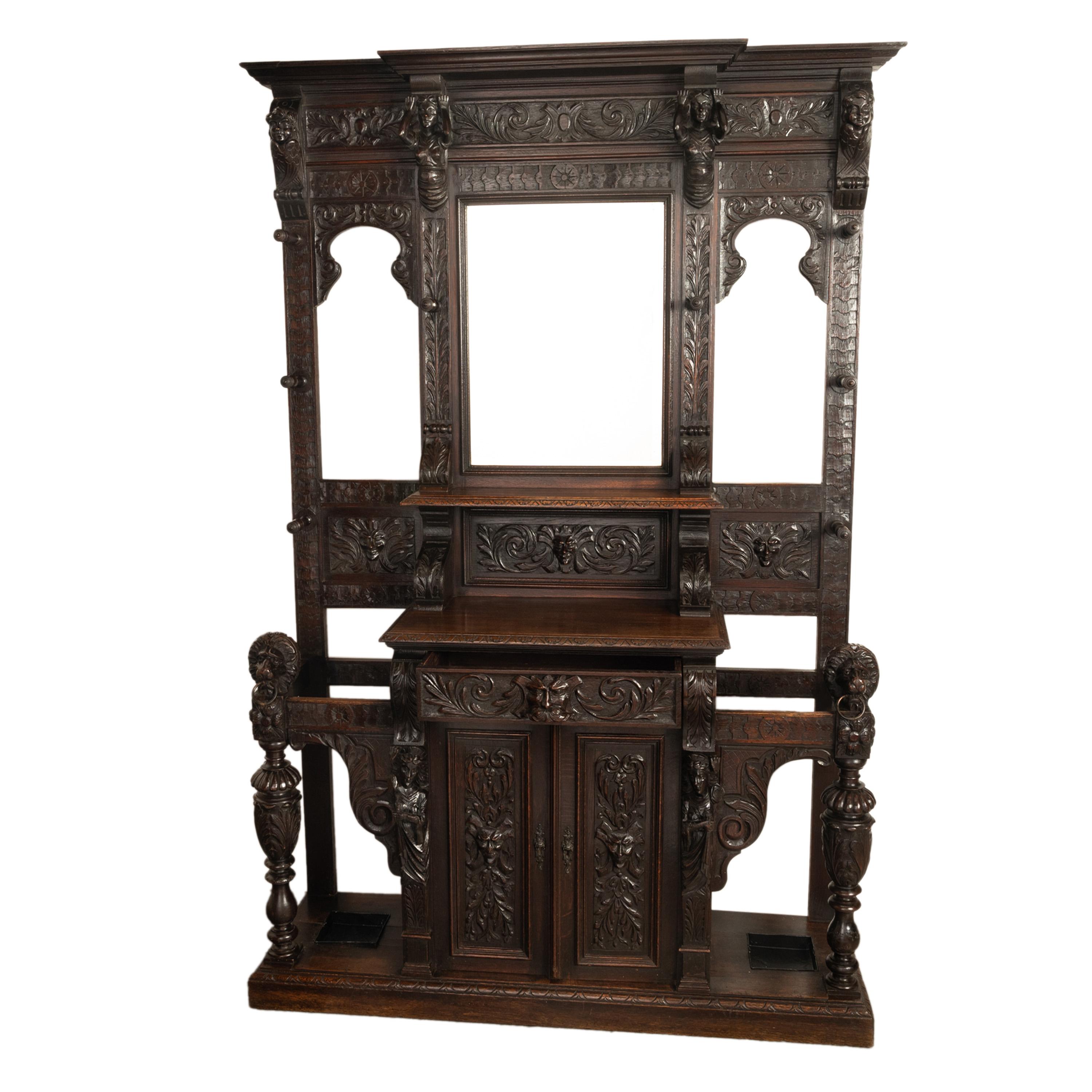 Antique 19th C Scottish Carved Oak Hall Cupboard Mirror Tree Lions Angels 1890 In Good Condition In Portland, OR