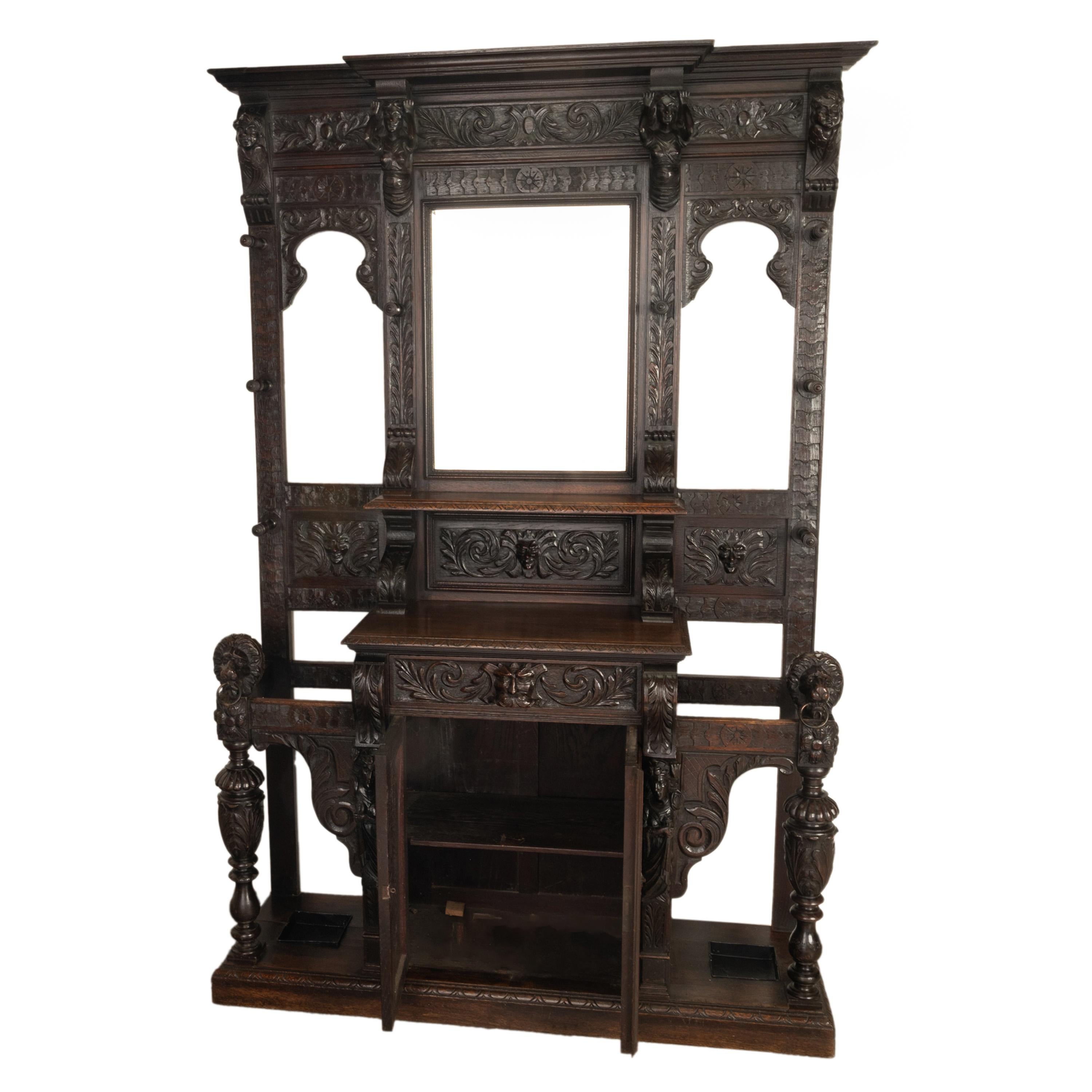 Late 19th Century Antique 19th C Scottish Carved Oak Hall Cupboard Mirror Tree Lions Angels 1890