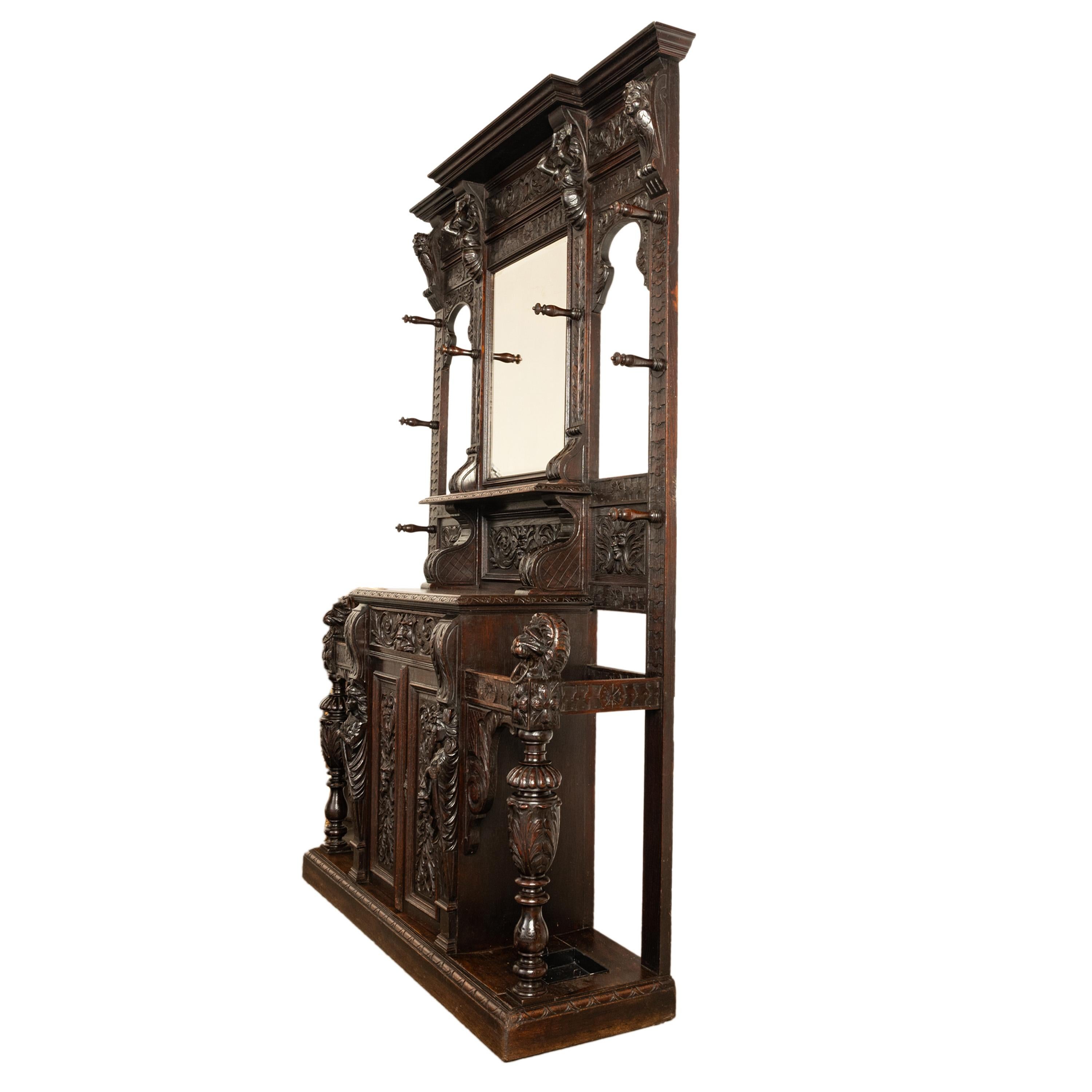 Antique 19th C Scottish Carved Oak Hall Cupboard Mirror Tree Lions Angels 1890 1