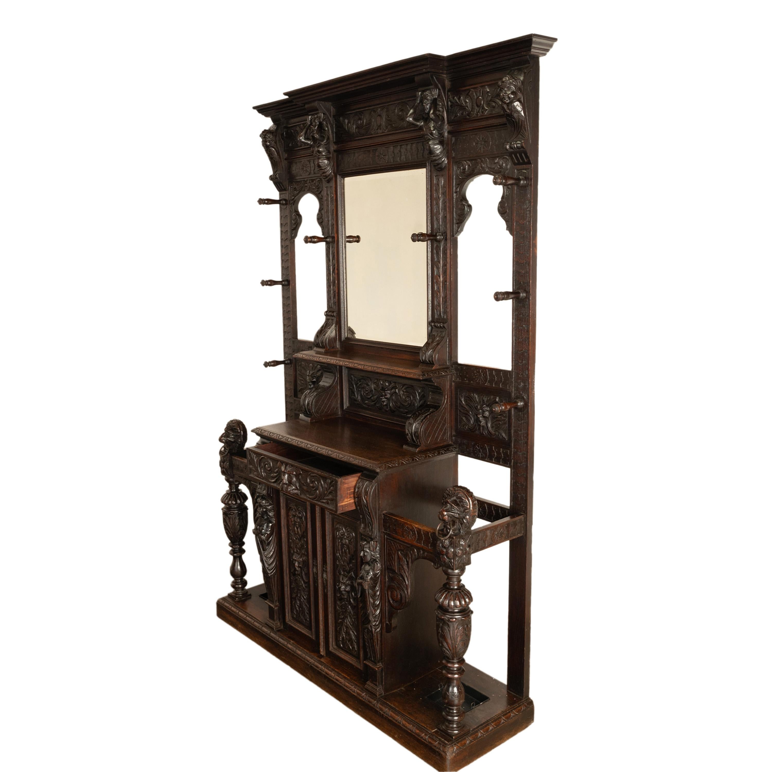 Antique 19th C Scottish Carved Oak Hall Cupboard Mirror Tree Lions Angels 1890 2