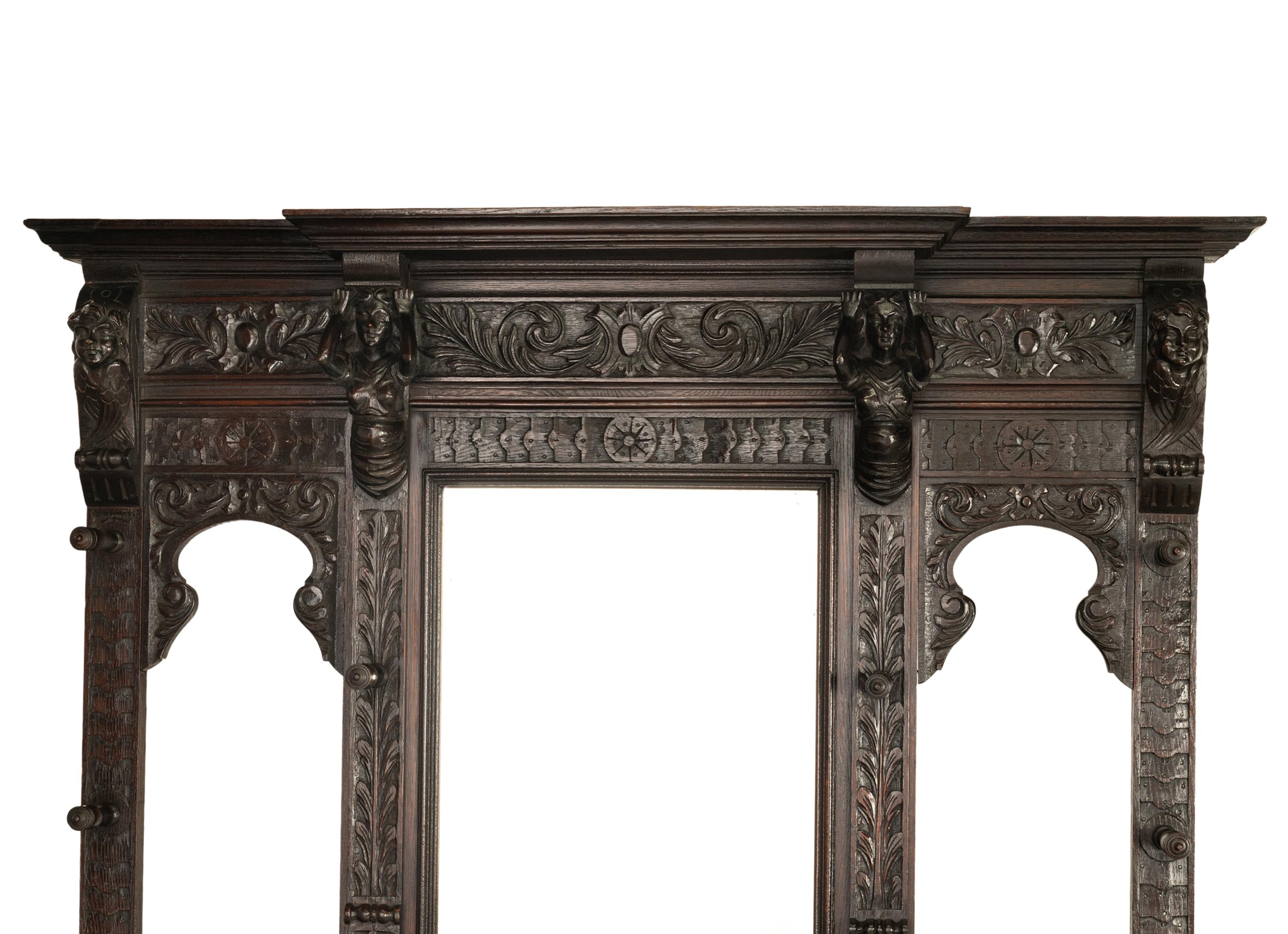 Antique 19th C Scottish Carved Oak Hall Cupboard Mirror Tree Lions Angels 1890 3