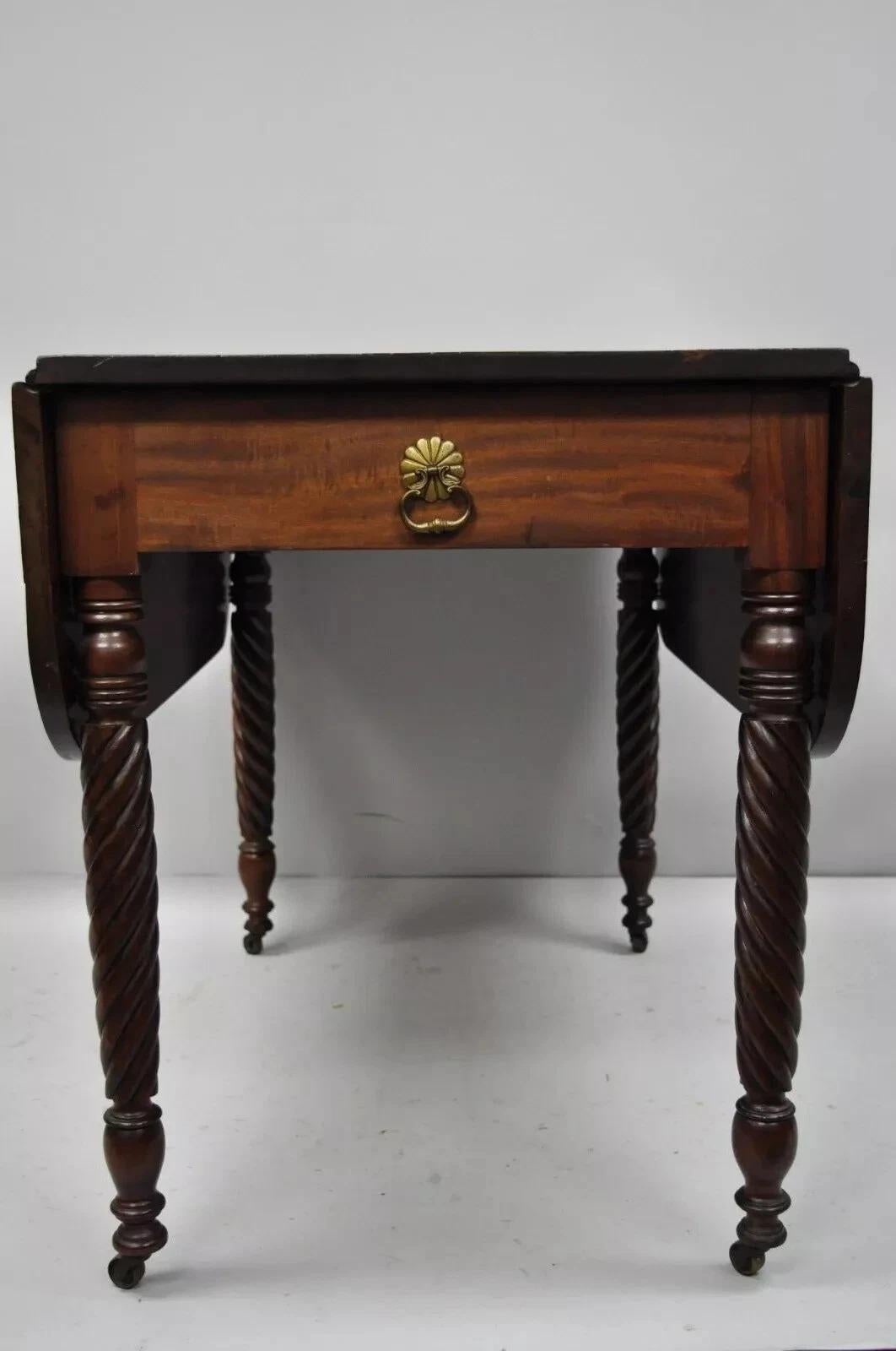 Antique 19th C. Sheraton Mahogany Turn Carved Spiral Leg Drop Leaf Dining Table For Sale 5