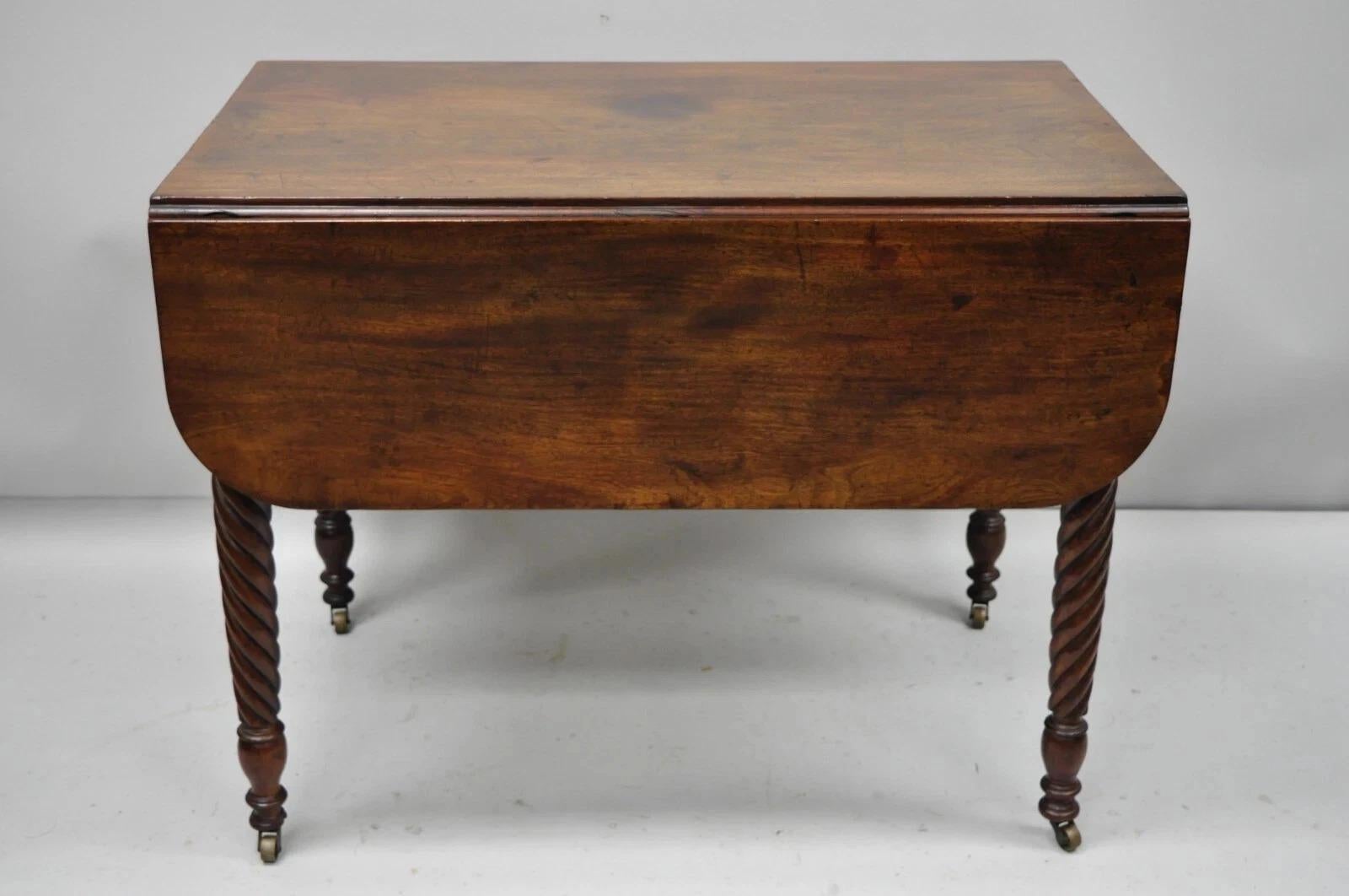 Unknown Antique 19th C. Sheraton Mahogany Turn Carved Spiral Leg Drop Leaf Dining Table For Sale