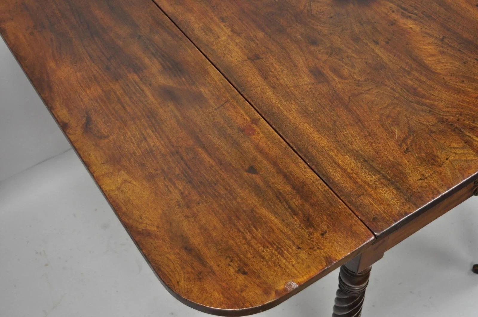 19th Century Antique 19th C. Sheraton Mahogany Turn Carved Spiral Leg Drop Leaf Dining Table For Sale