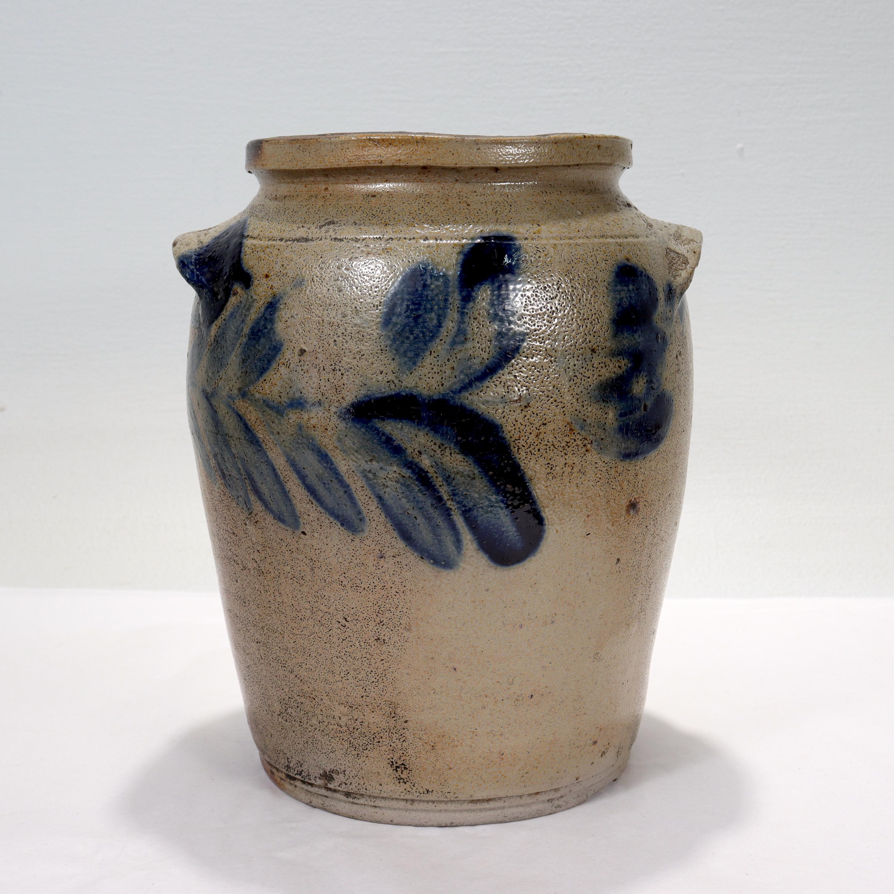 Folk Art Antique 19th C. Southern 'Maryland' Blue Decorated Salt Glaze Stoneware Crock