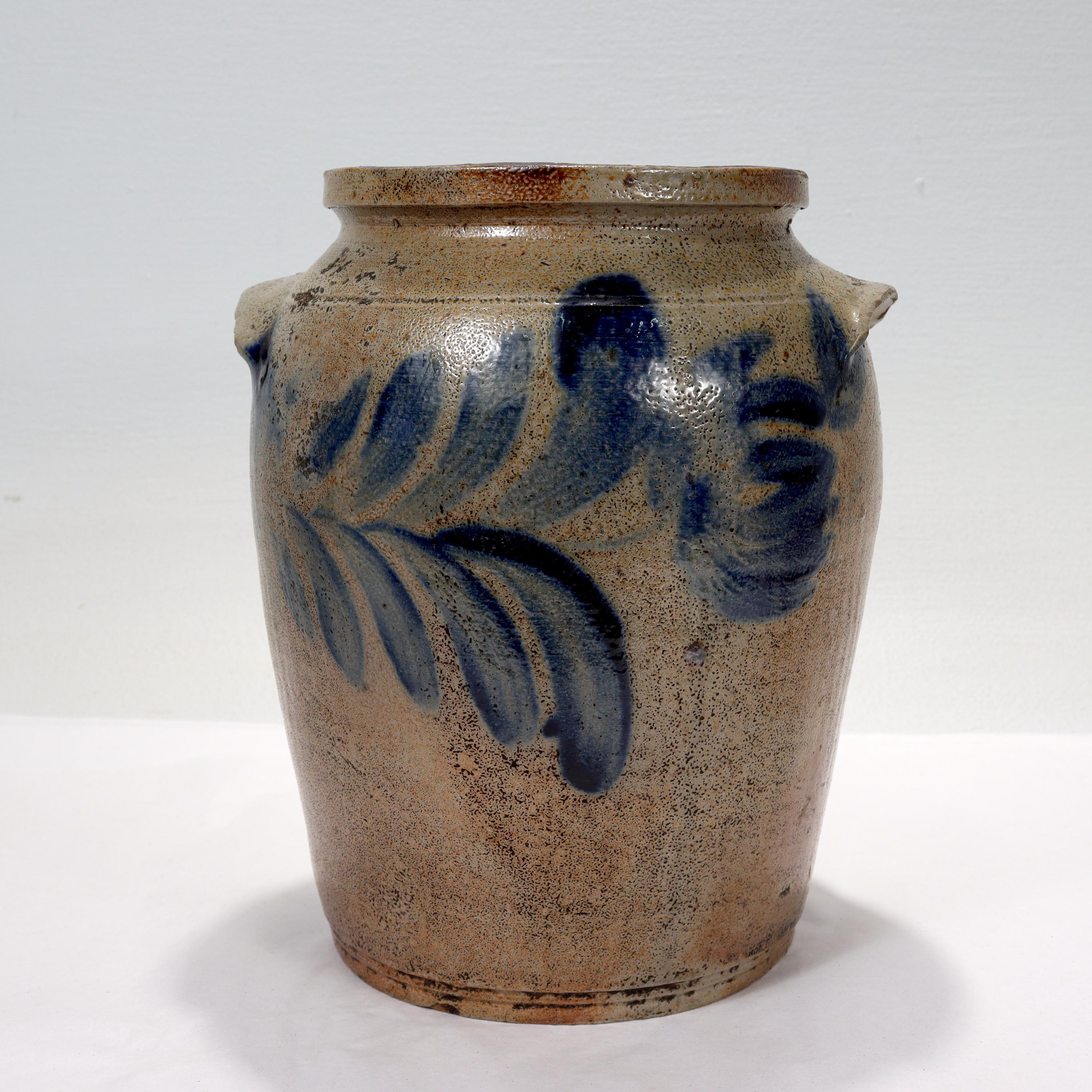 Glazed Antique 19th C. Southern 'Maryland' Blue Decorated Salt Glaze Stoneware Crock