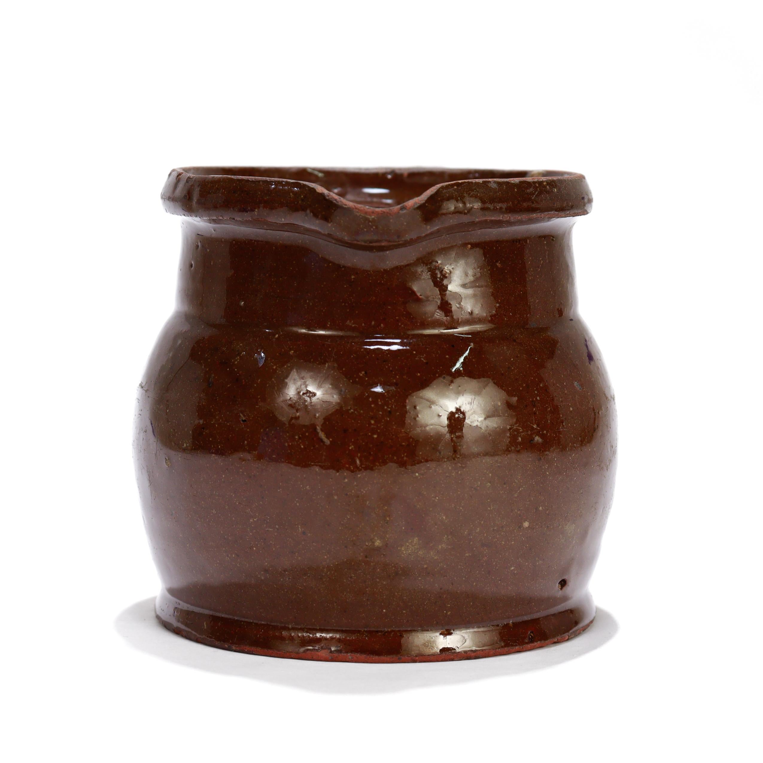 Antique 19th C. Southern / Mid-Atlantic Redware Cream or Milk Pitcher In Good Condition For Sale In Philadelphia, PA