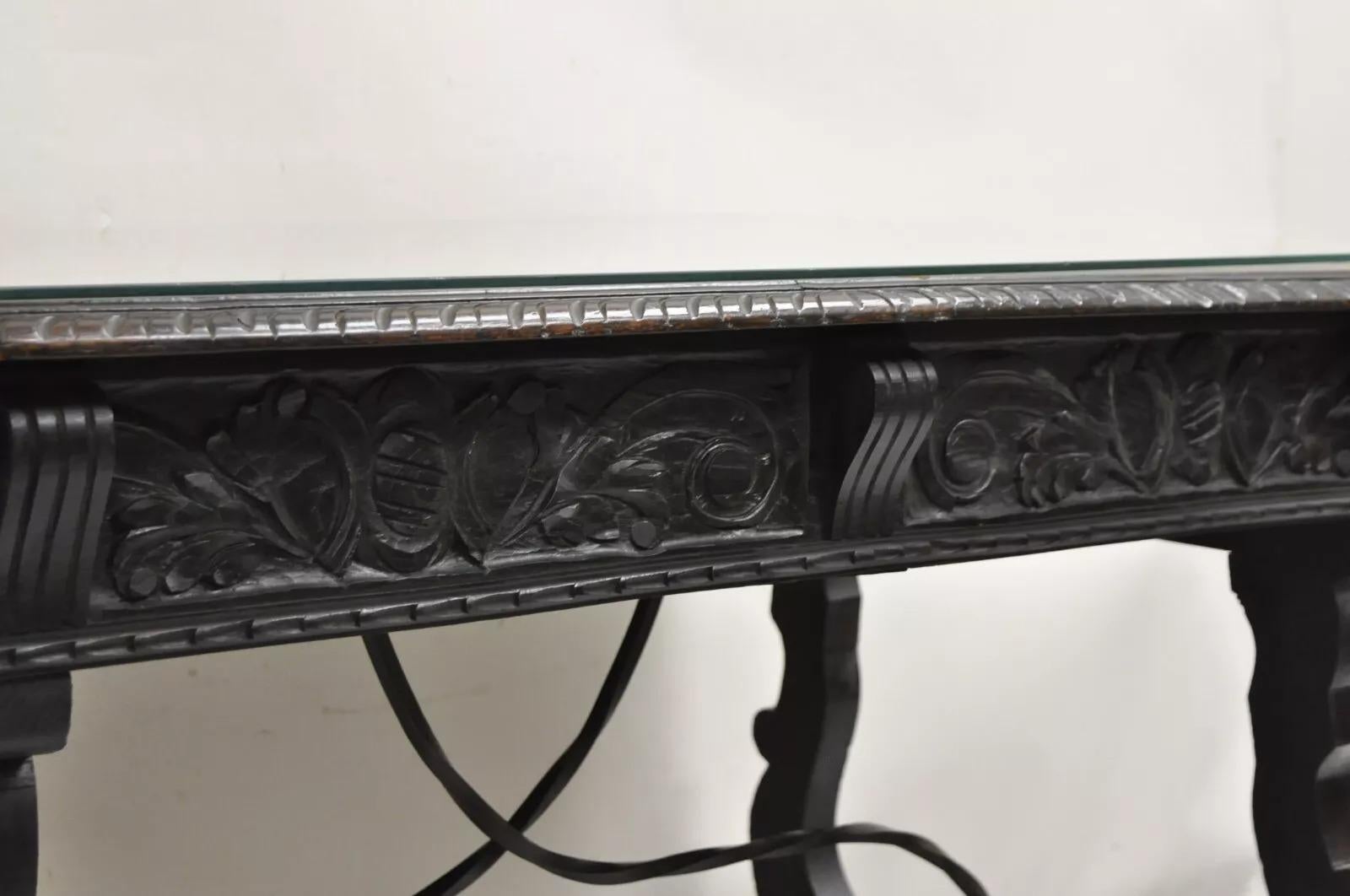 Antico 19° C. spagnolo rinascimentale intagliato in legno di quercia a 2 cassetti Tavolo da biblioteca Scrivania in vendita 4