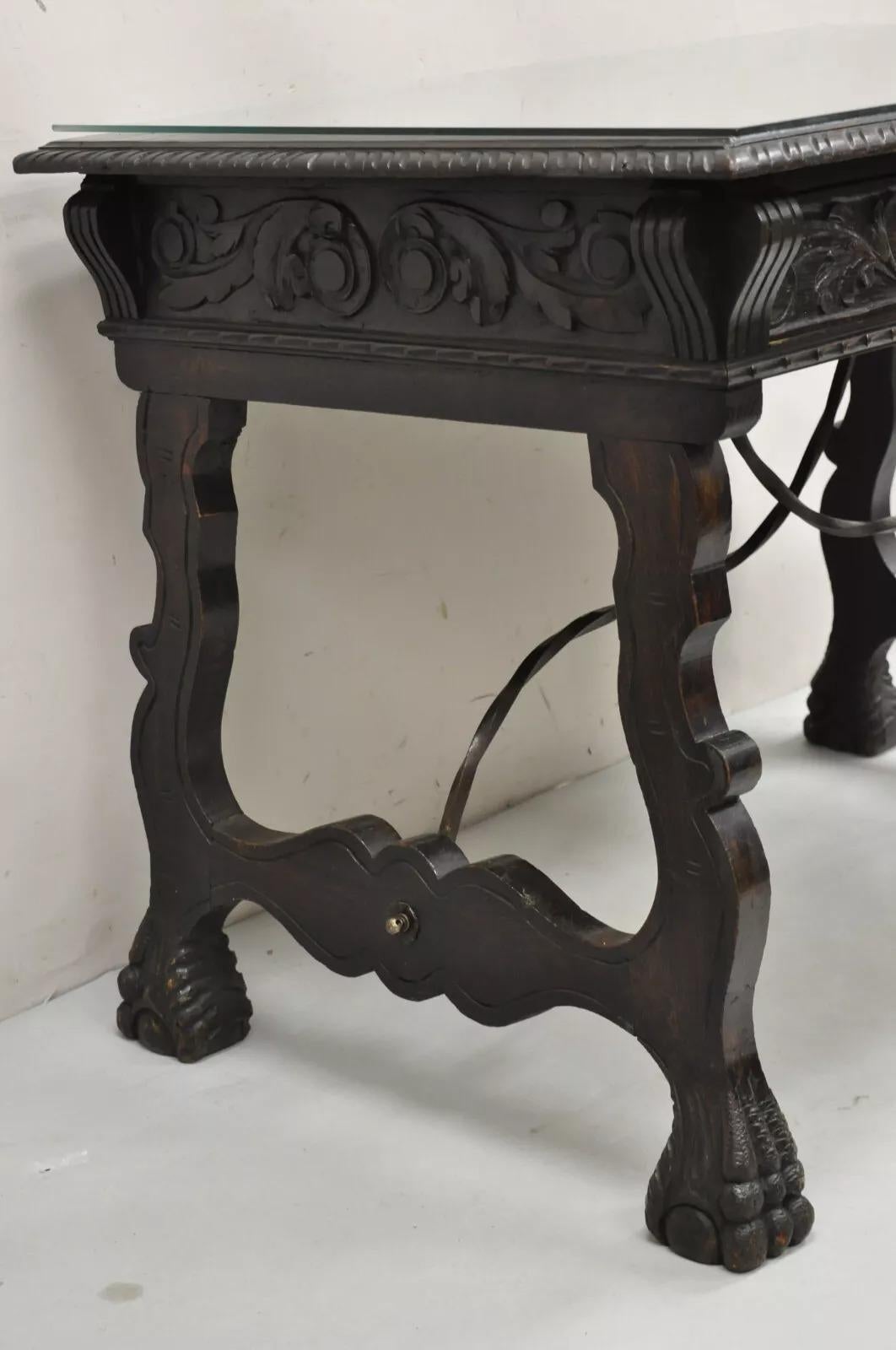 Rinascimento Antico 19° C. spagnolo rinascimentale intagliato in legno di quercia a 2 cassetti Tavolo da biblioteca Scrivania in vendita
