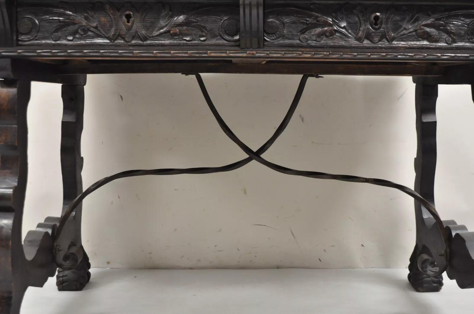 Sconosciuto Antico 19° C. spagnolo rinascimentale intagliato in legno di quercia a 2 cassetti Tavolo da biblioteca Scrivania in vendita