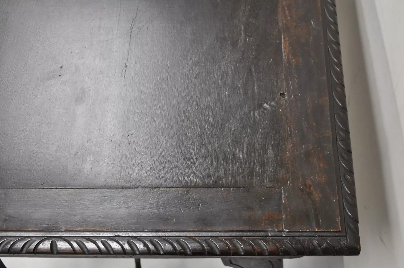 Antico 19° C. spagnolo rinascimentale intagliato in legno di quercia a 2 cassetti Tavolo da biblioteca Scrivania in vendita 2
