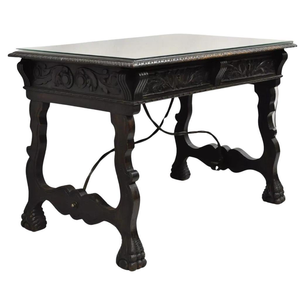 Antique 19th C Spanish Renaissance Carved Oak Wood 2 Drawer Library Table Desk