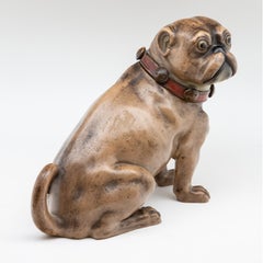 Antique 19th Century Stoneware Bisque Pug with Bow Tobacco Jar