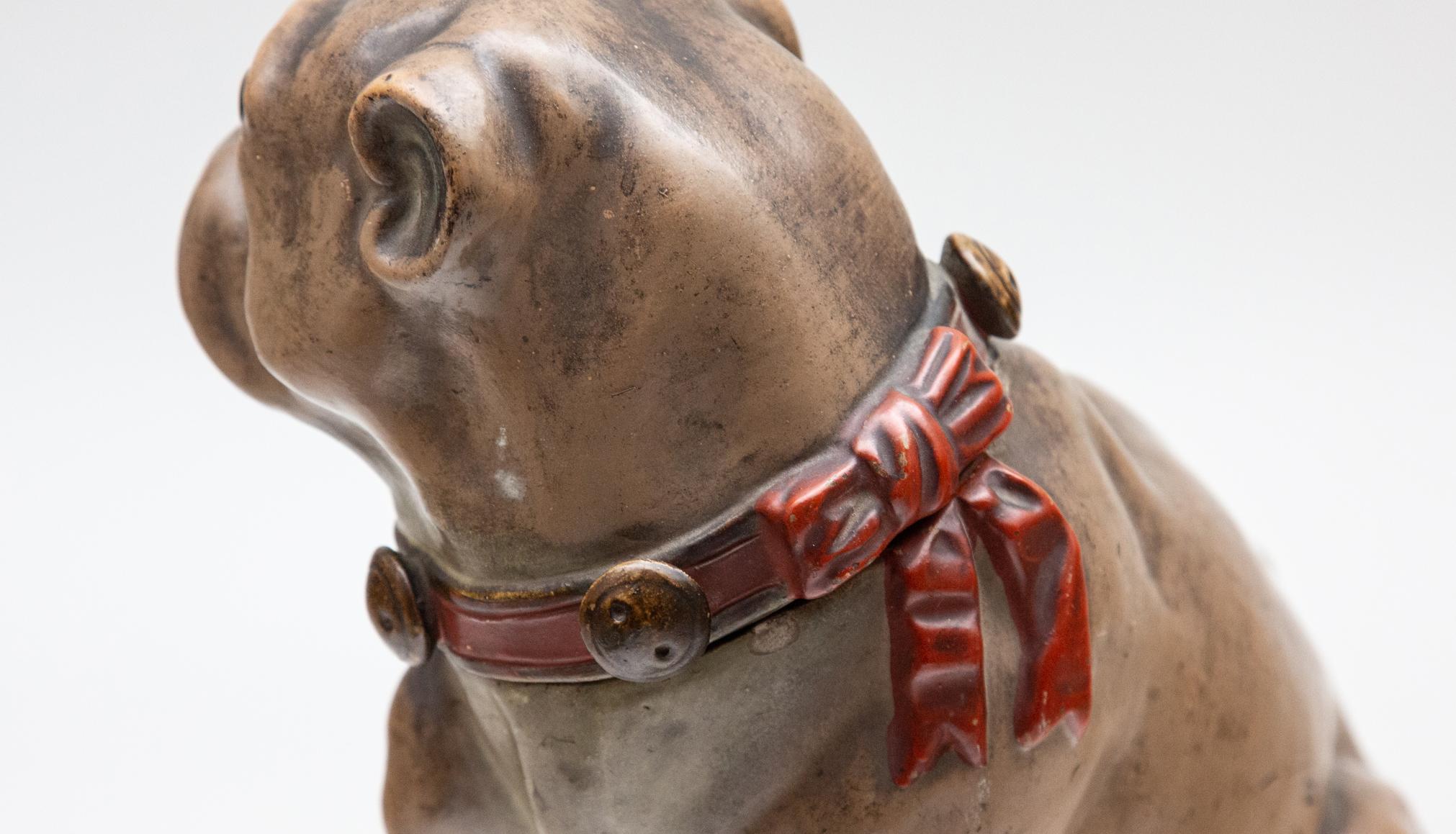 Napoleon III Antique 19th Century Stoneware Bisque Pug with Bow Tobacco Jar
