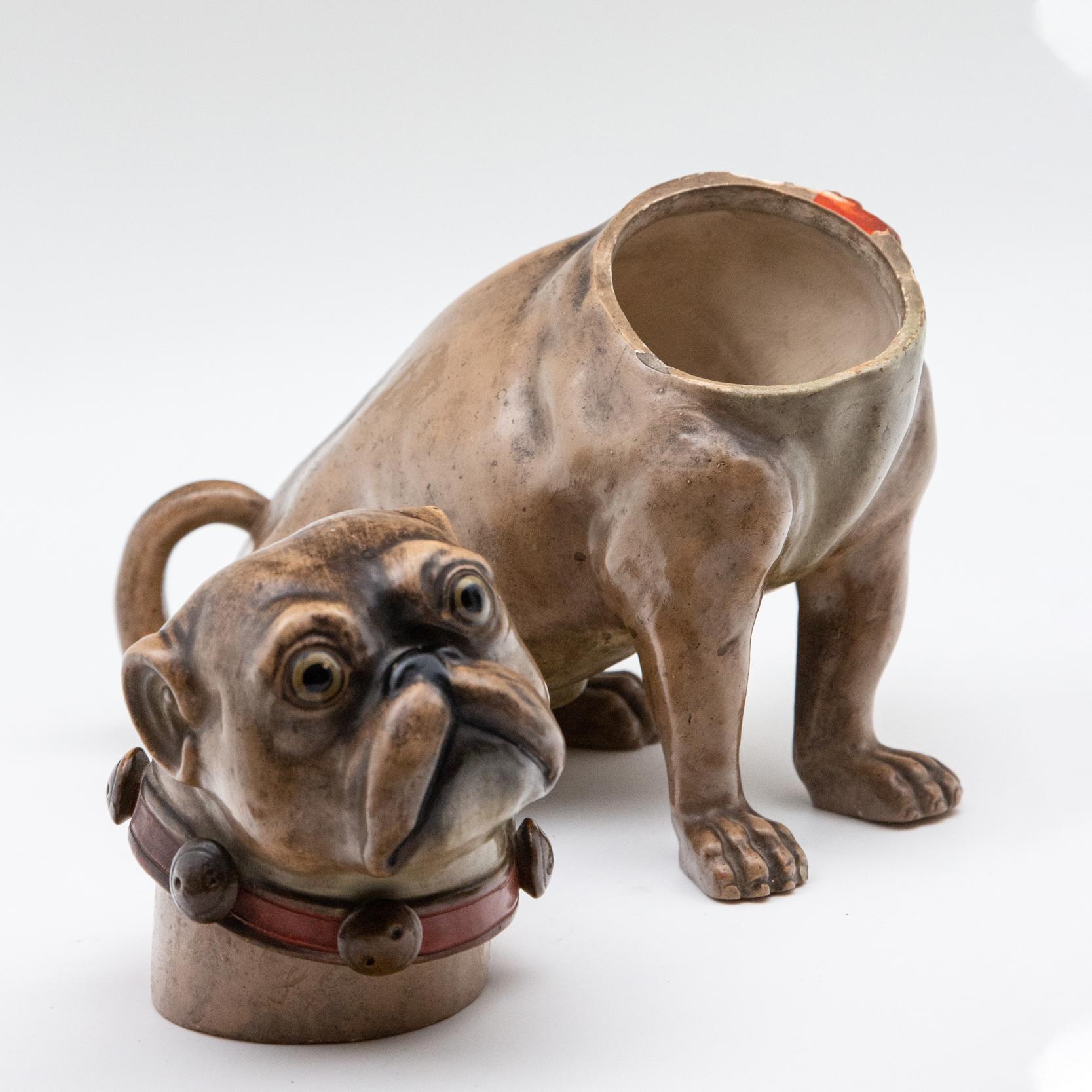 Antique 19th Century Stoneware Bisque Pug with Bow Tobacco Jar In Good Condition In New York, NY