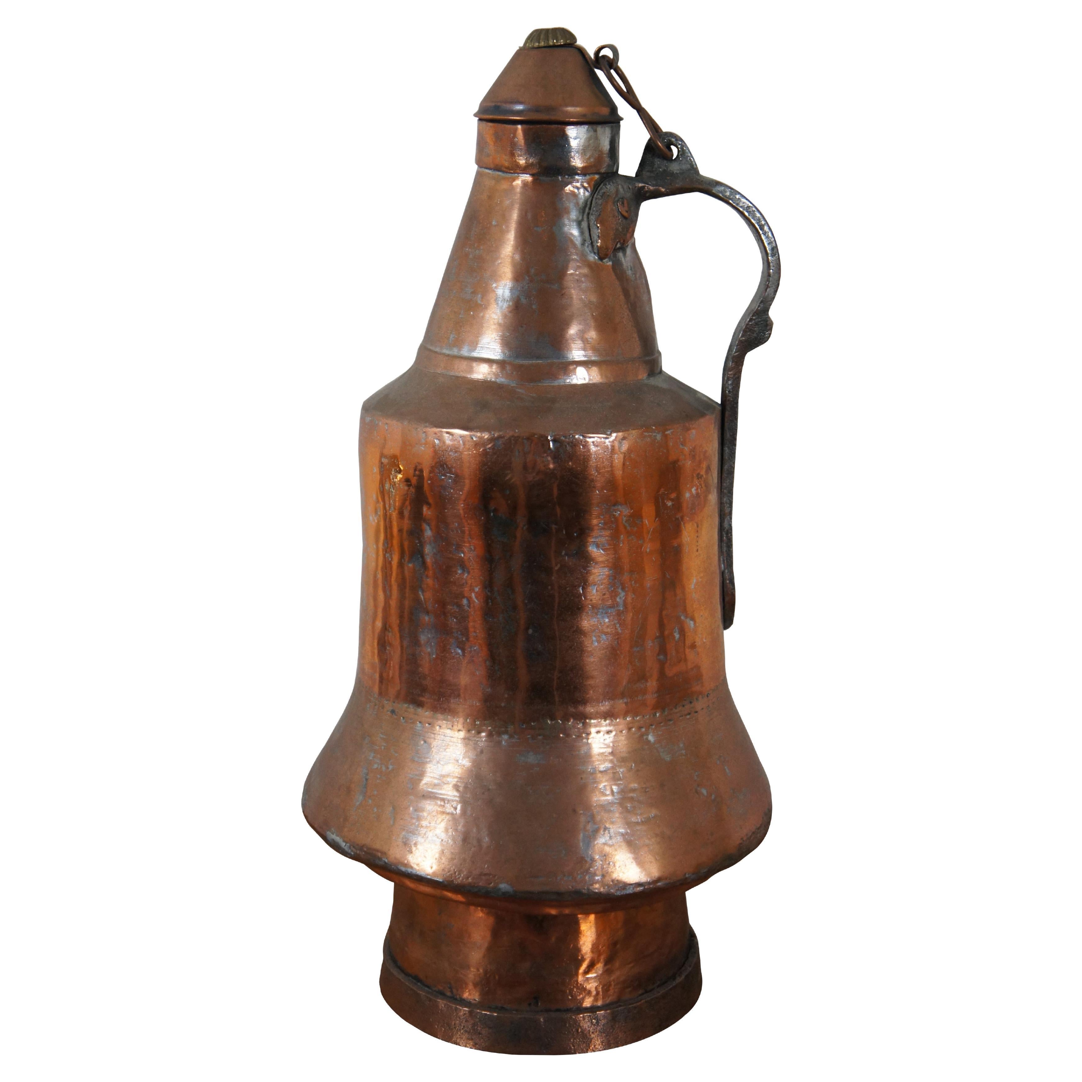 Antique 19th C. Turkish Dovetailed Copper Lidded Jug Wine Milk Water Pitcher 19" For Sale