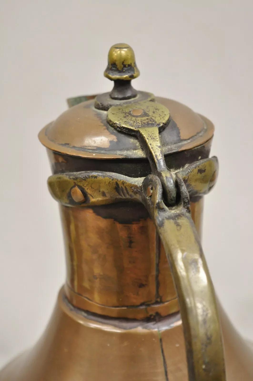 Antique 19th C. Turkish Primitive Hand Hammered Copper Lidded Pitcher Pot Large For Sale 6