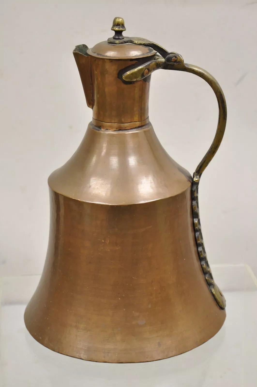 Antique 19th C. Turkish Primitive Hand Hammered Copper Lidded Pitcher Pot Large For Sale 7