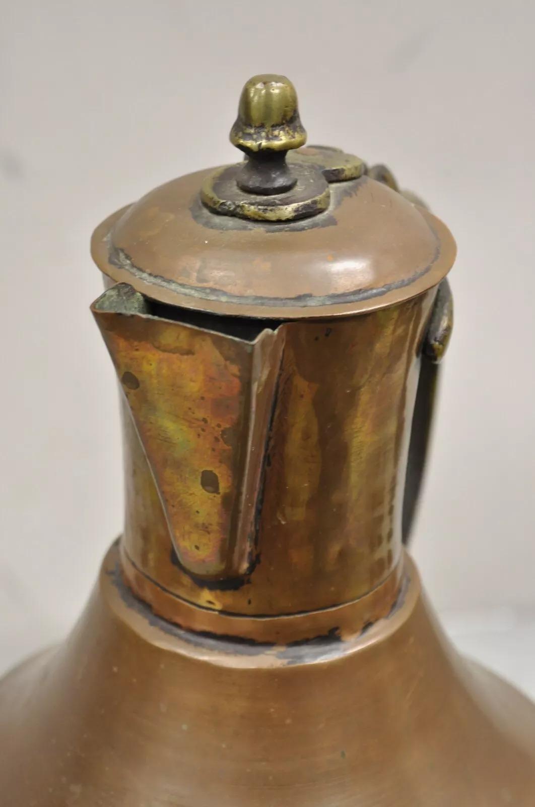 Antique 19th C. Turkish Primitive Hand Hammered Copper Lidded Pitcher Pot Large For Sale 8