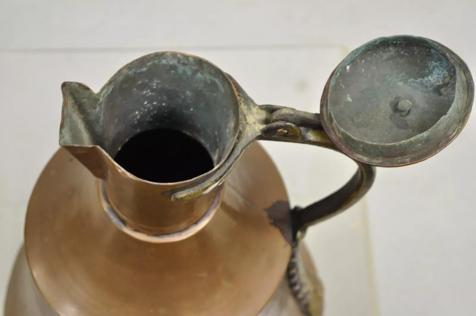 Antique 19th C. Turkish Primitive Hand Hammered Copper Lidded Pitcher Pot Large For Sale 9