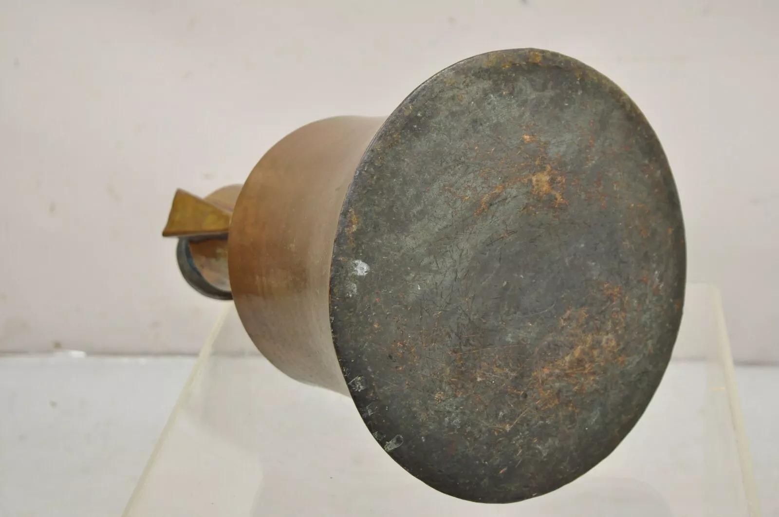 Antique 19th C. Turkish Primitive Hand Hammered Copper Lidded Pitcher Pot Large Jug with Bulbous Bottom. Circa 19th Century. Measurements: 17