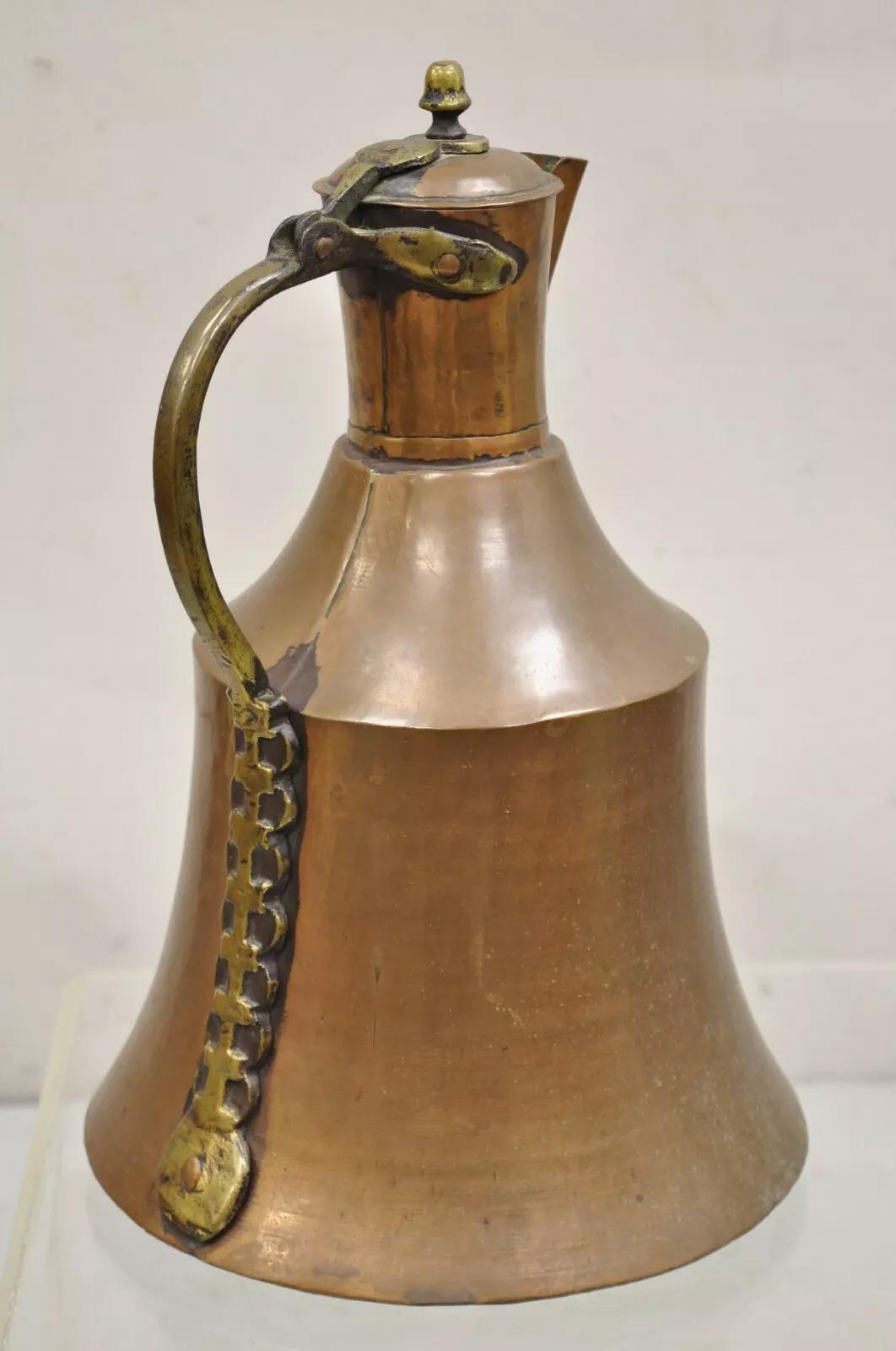 Antique 19th C. Turkish Primitive Hand Hammered Copper Lidded Pitcher Pot Large For Sale 2