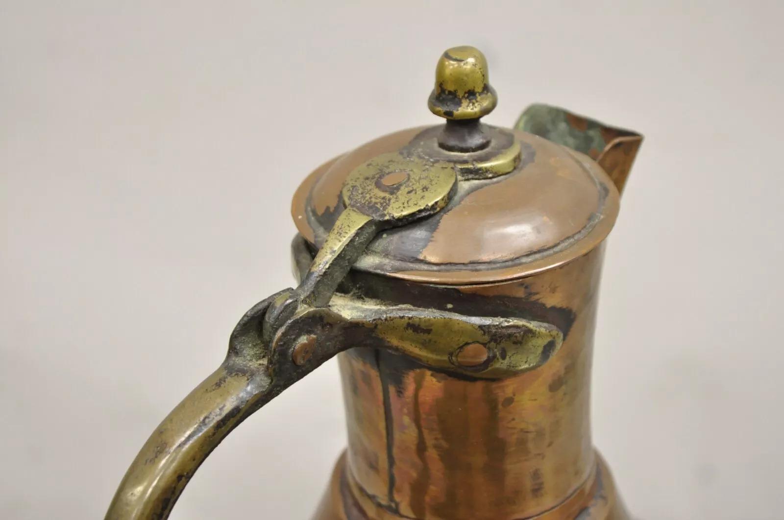 Antique 19th C. Turkish Primitive Hand Hammered Copper Lidded Pitcher Pot Large For Sale 3