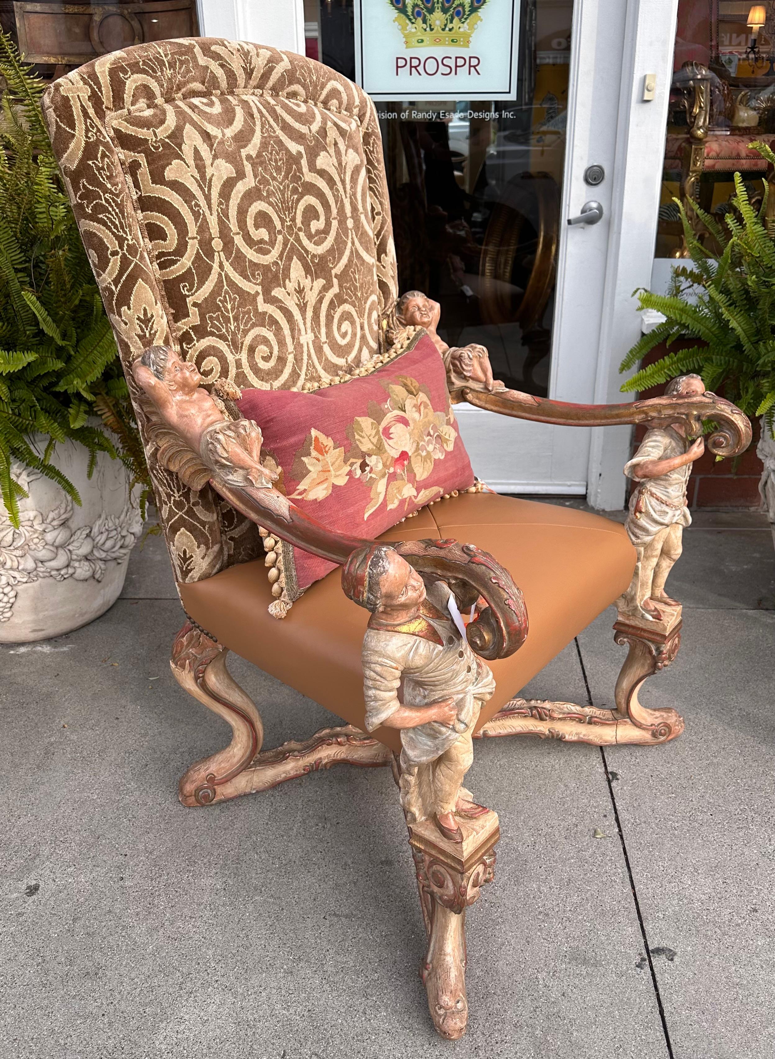 Italian Antique 19th C Venetian Baroque Carved Arm Throne Chair After Andrea Brustolon