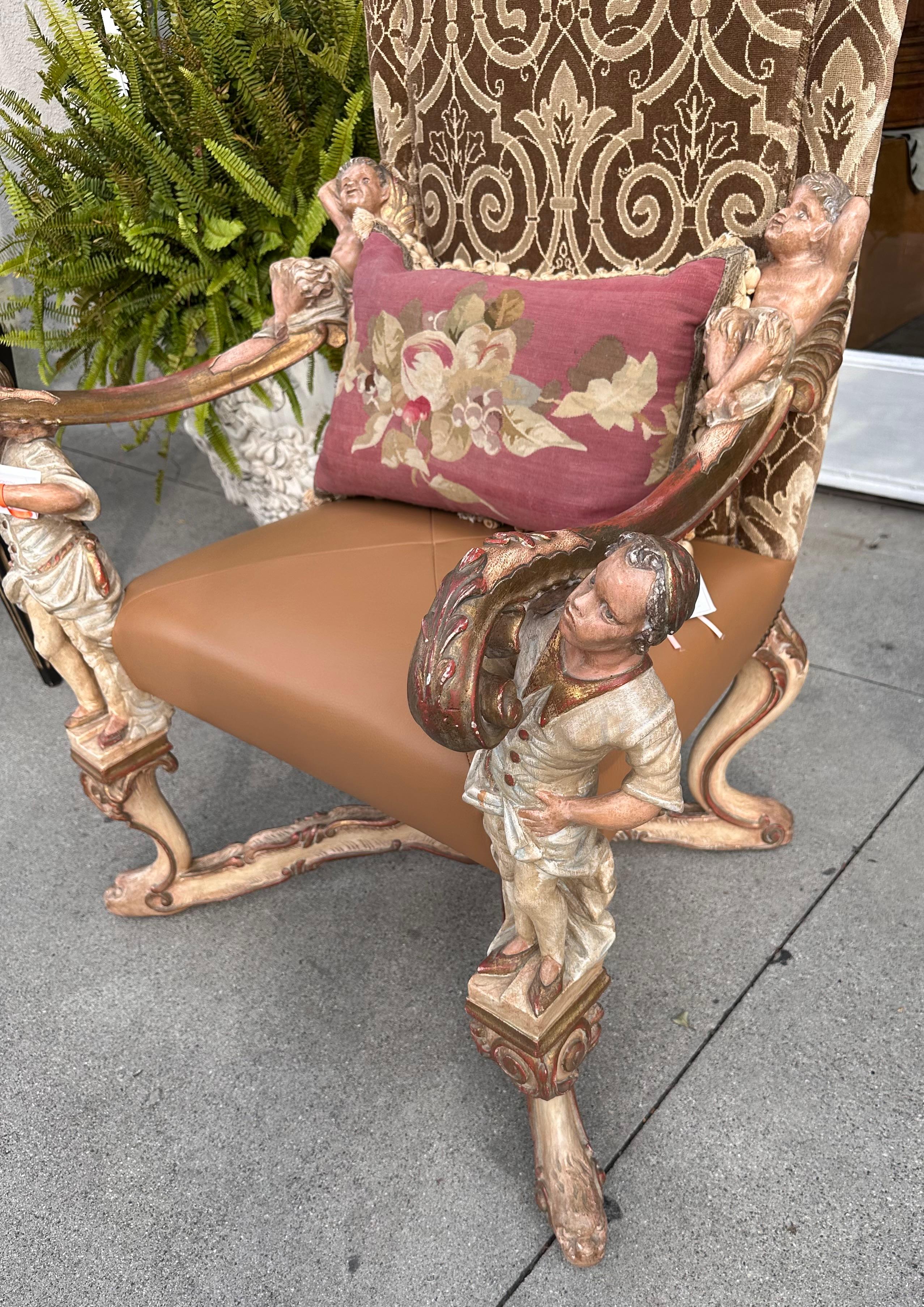 Antique 19th C Venetian Baroque Carved Arm Throne Chair After Andrea Brustolon In Good Condition For Sale In LOS ANGELES, CA