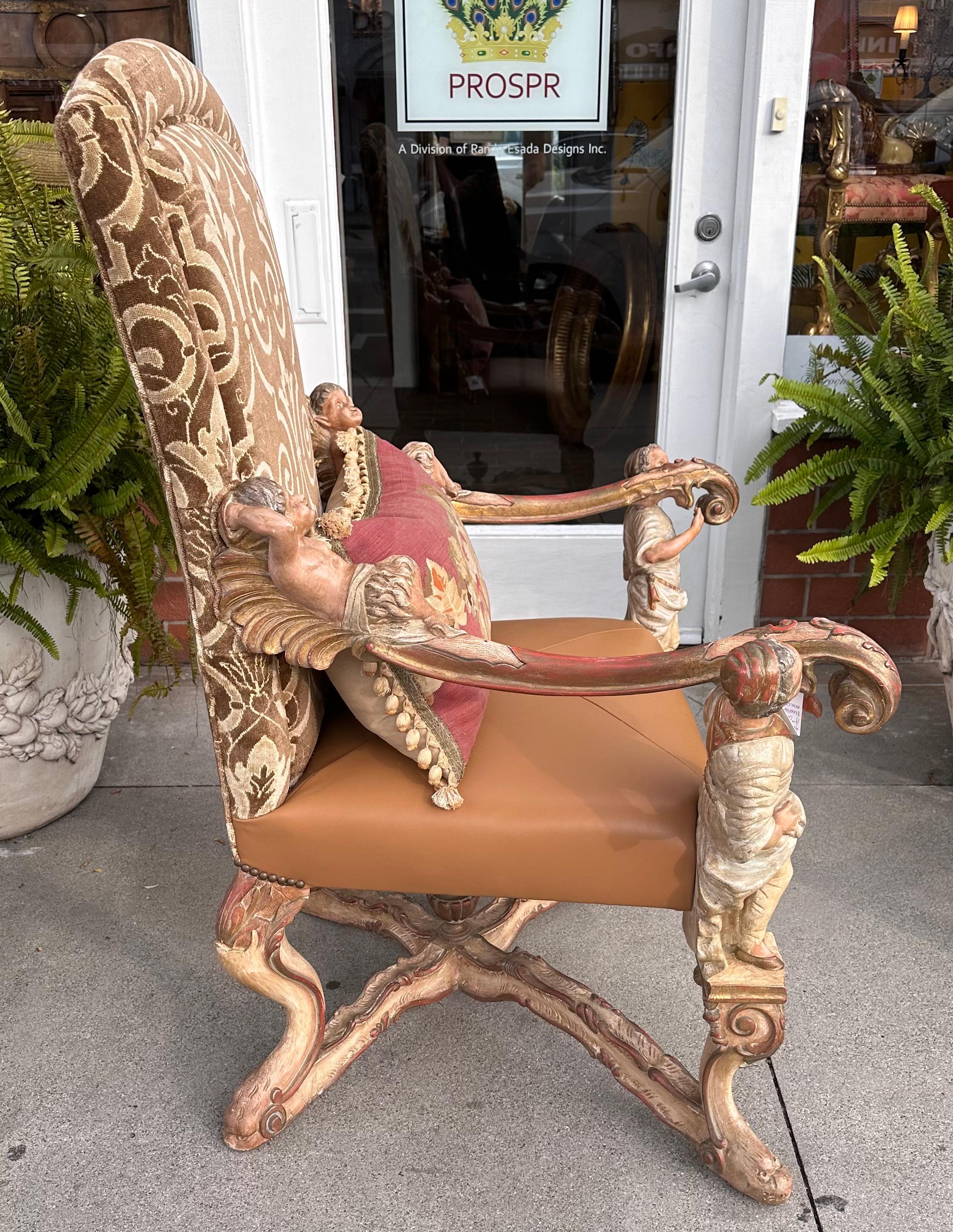 Wood Antique 19th C Venetian Baroque Carved Arm Throne Chair After Andrea Brustolon For Sale